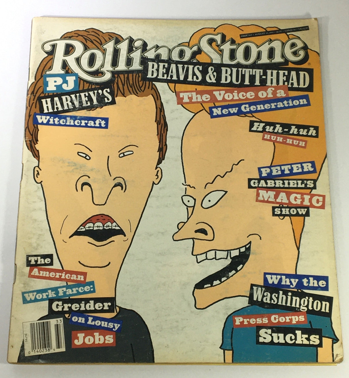 Cover of Rolling Stone Magazine August 19 1993 #663 featuring Beavis & Butt-Head, highlighting their influence as 'The Voice of a New Generation'. Includes text on PJ Harvey's Witchcraft and other pop culture topics.