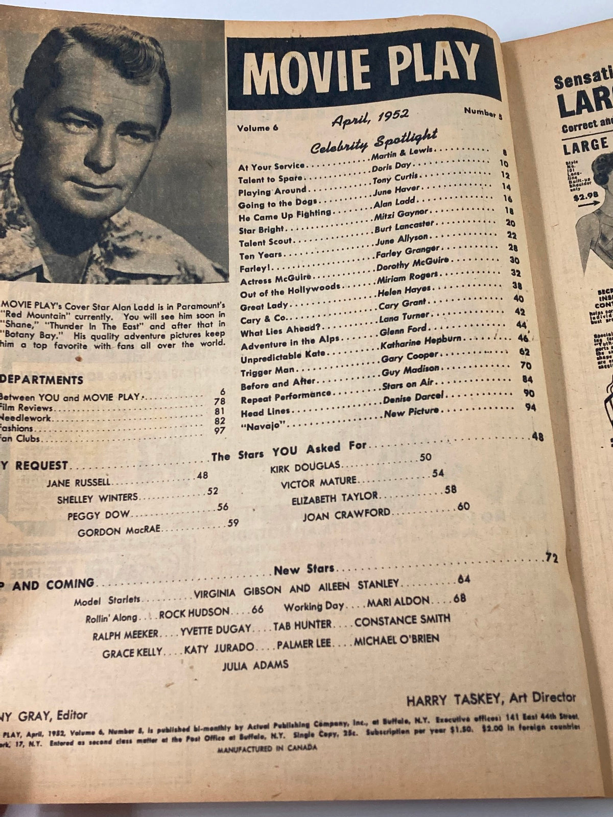 Inside page of the VTG Movie Play Magazine April 1952 displaying a celebrity spotlight featuring Alan Ladd and a contents list with notable celebrities.