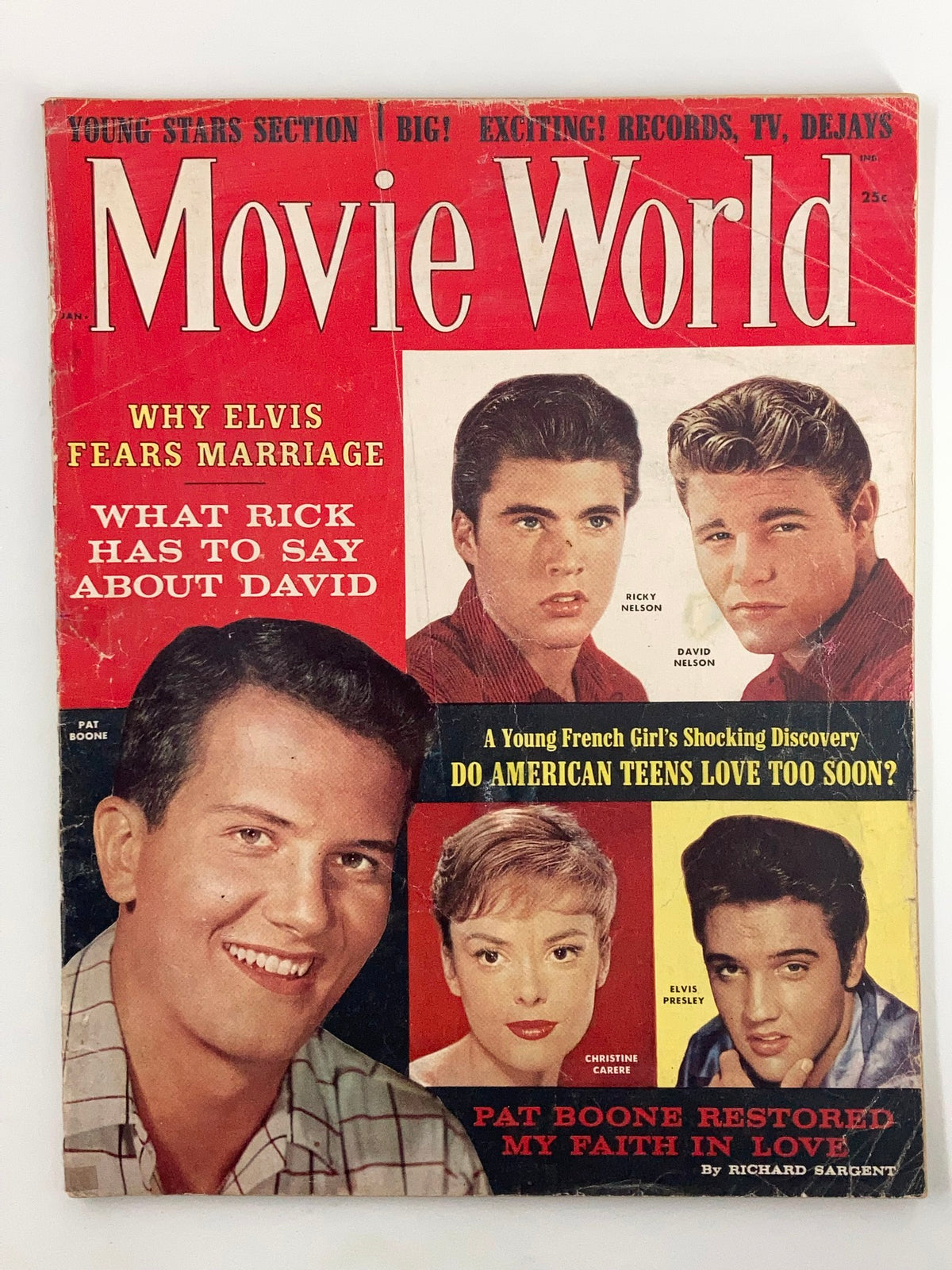 Cover of VTG Movie World Magazine January 1959 showcasing vintage Hollywood icons including Ricky Nelson, Elvis Presley, Pat Boone, and Christine Carere, with bold headlines about celebrity culture.
