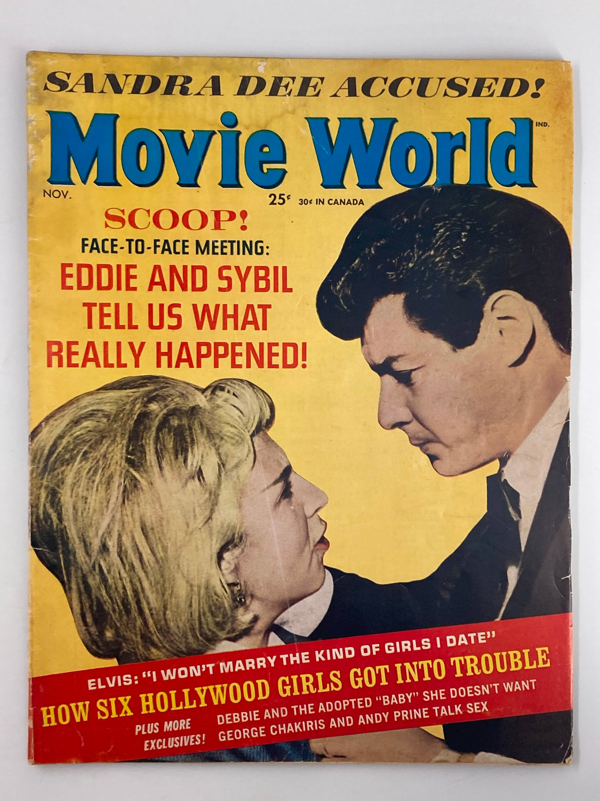 Cover of VTG Movie World Magazine from November 1963 featuring Eddie Danning and Sybil Albert with headlines about their meeting and Elvis Presley, a collectible piece of cinematic history.