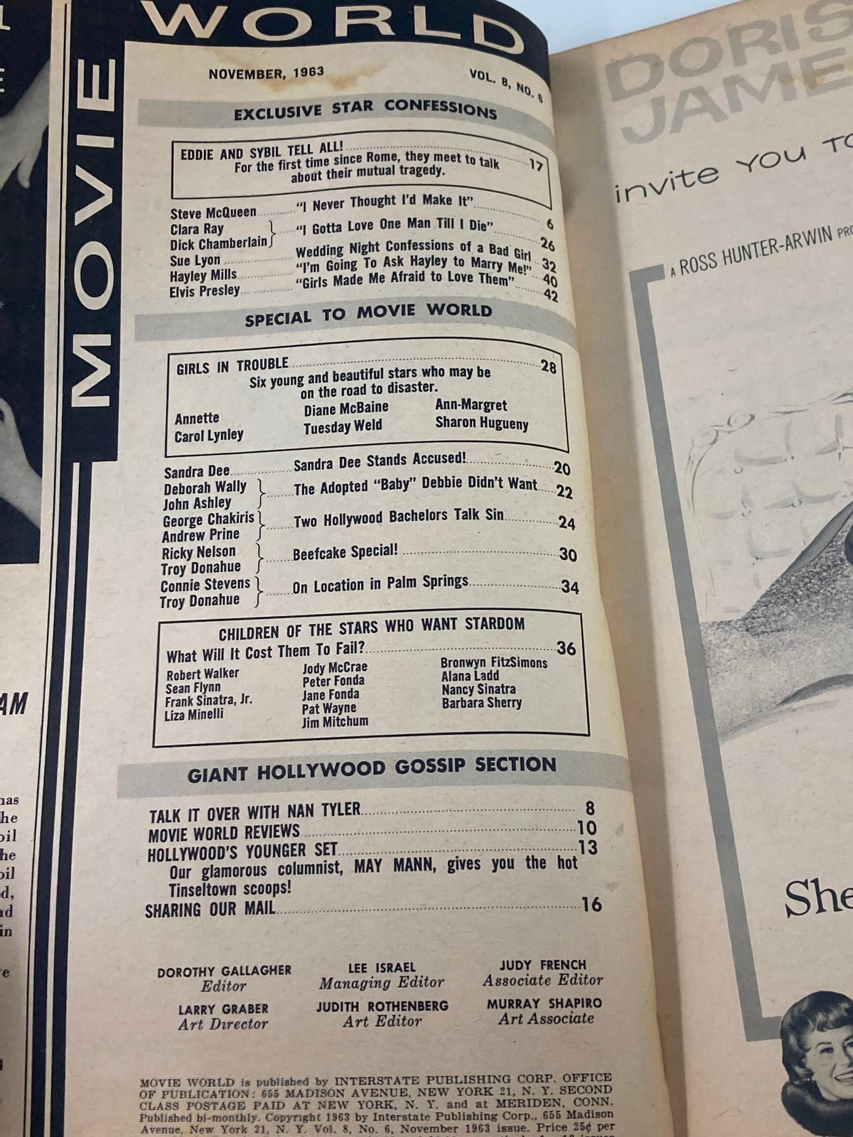 Inside page of the VTG Movie World Magazine November 1963 showcasing the table of contents and various articles including exclusive star confessions.