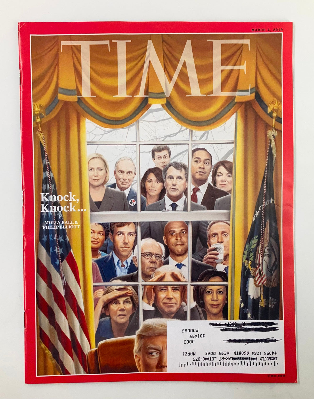 Time Magazine March 4 2019 cover featuring the article 'Knock Knock' by Molly Ball and Philip Elliott, showcasing a collage of notable political figures against a backdrop of the American flag.