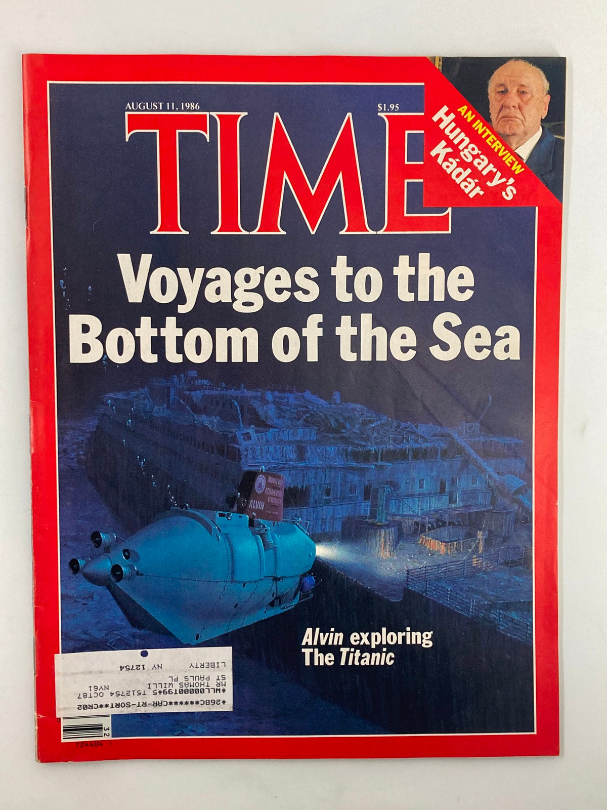 Cover of Time Magazine, August 11, 1986, featuring the title 'Voyages to the Bottom of the Sea' with an illustration of the submersible Alvin exploring the Titanic.