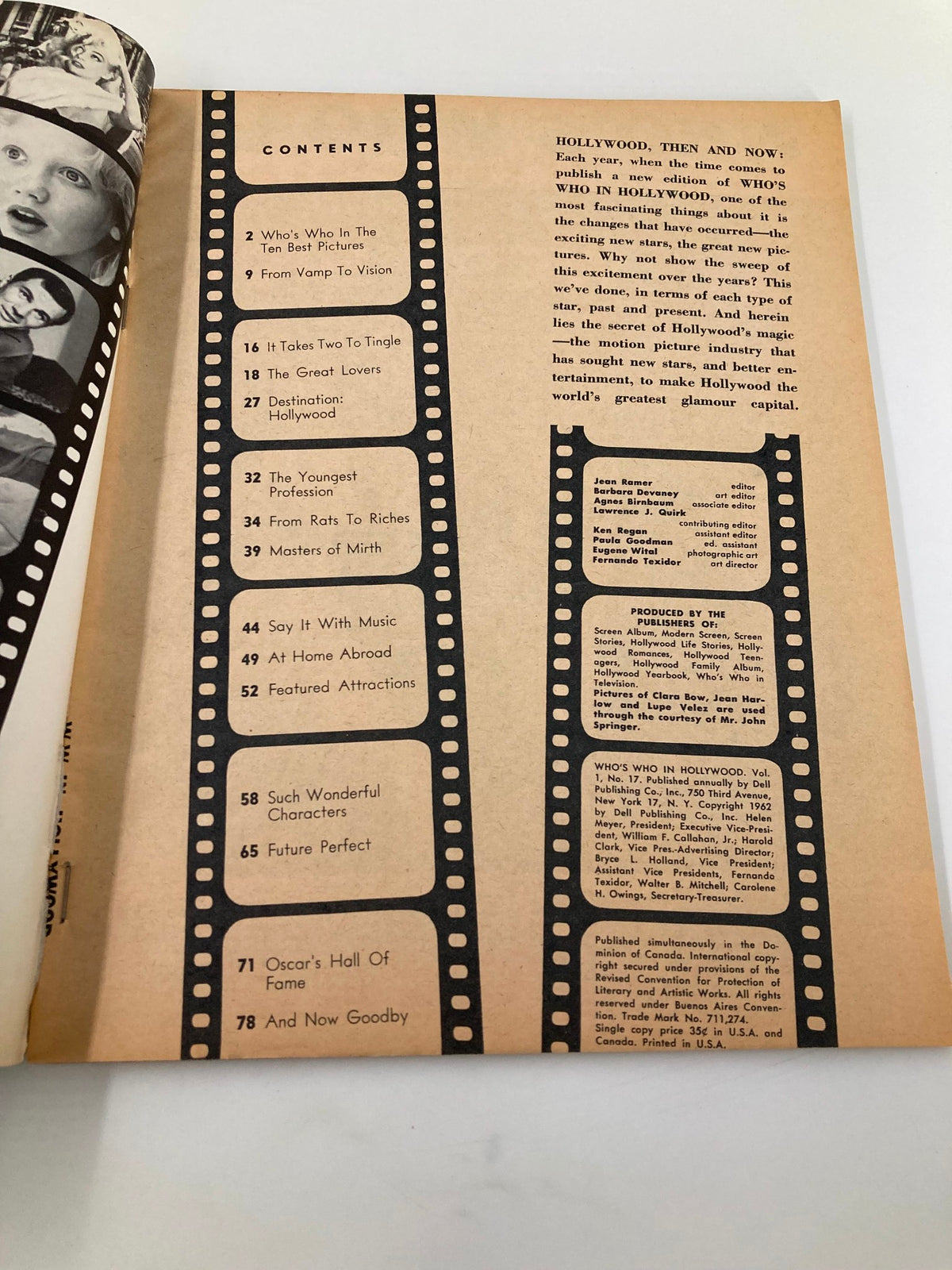 Contents page from VTG Hollywood Then & Now Magazine 1962 No. 17 featuring Elizabeth Taylor, showcasing articles about Hollywood and notable stars.