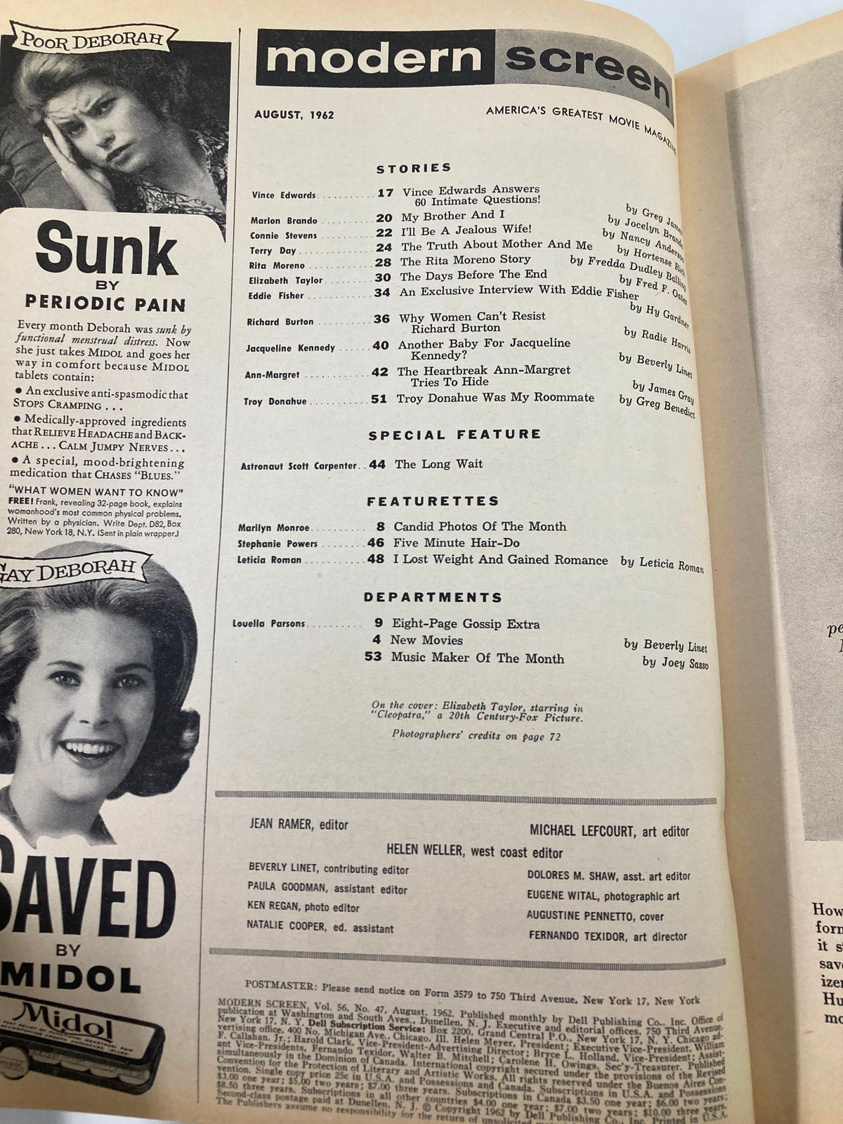 Inside page of VTG Modern Screen Magazine August 1962, displaying the table of contents and feature articles including one about Elizabeth Taylor.