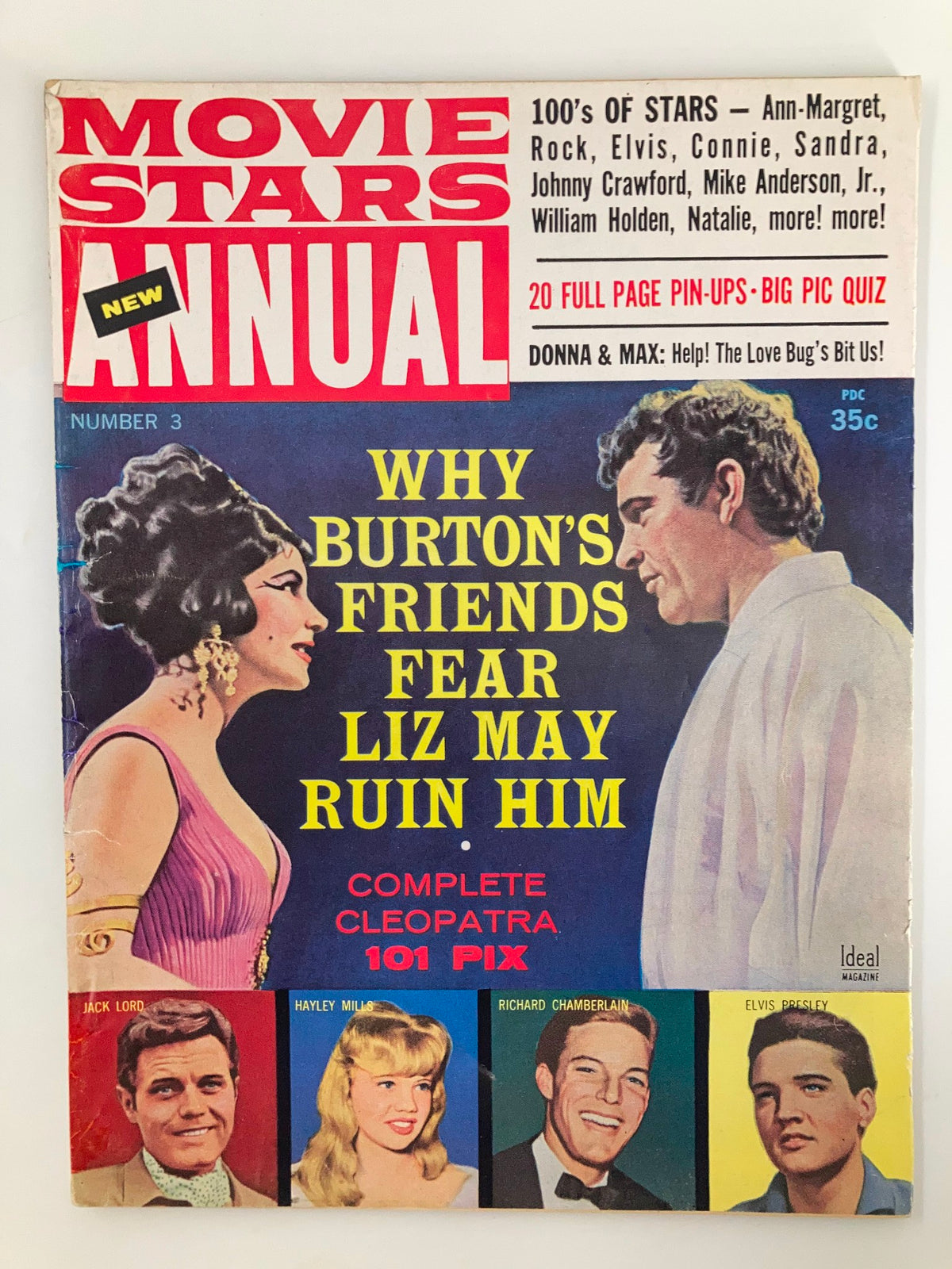 Cover of the Vintage Movie Stars Annual Magazine 1963 No. 3 featuring Liz Taylor and Richard Burton, highlighting articles on Hollywood celebrities and classic cinema.