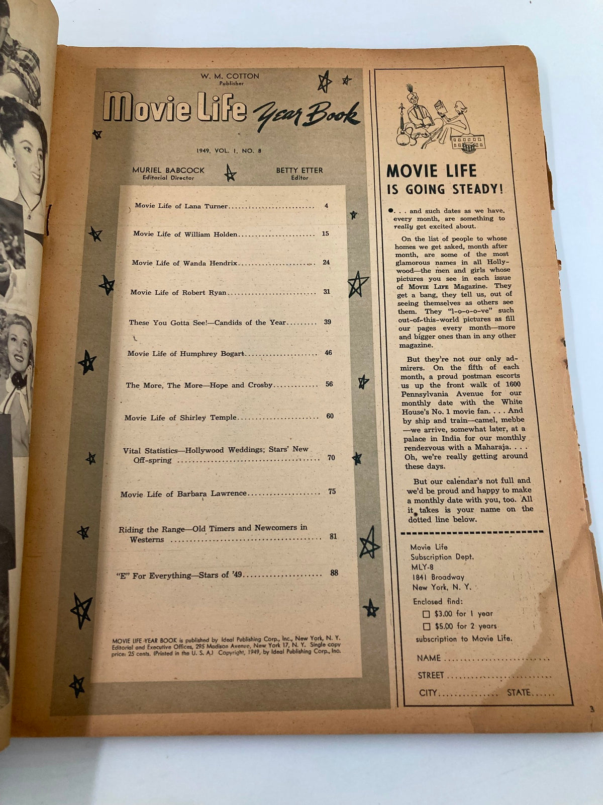 Inside page of VTG Movie Life Year Book 1949 Vol. 1 No. 8 showing the table of contents and editorial introduction.