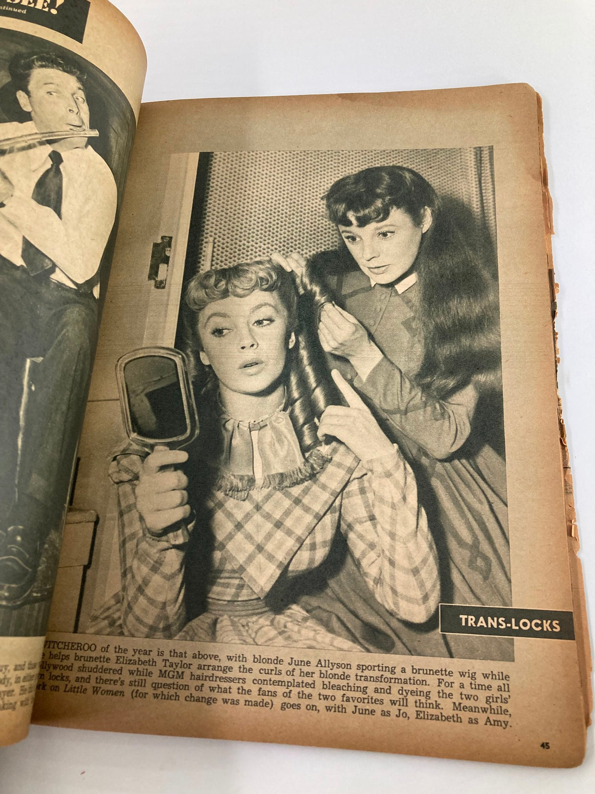 VTG Movie Life Year Book 1949 showcasing a behind-the-scenes moment with June Allyson and Elizabeth Taylor during hair styling.