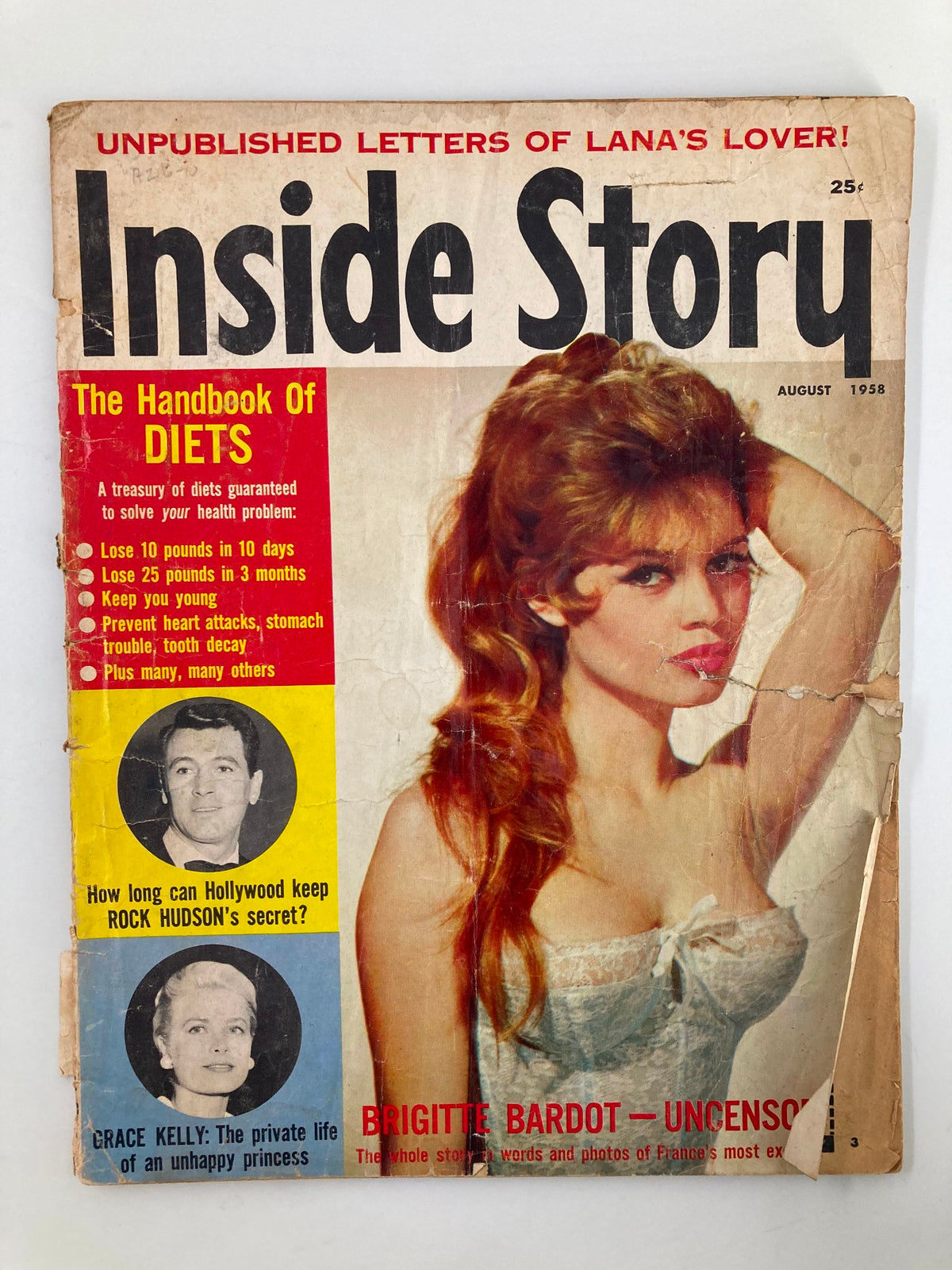 Cover of VTG Inside Story Magazine August 1958 featuring Brigitte Bardot and Grace Kelly, highlighting diet tips and Hollywood secrets.