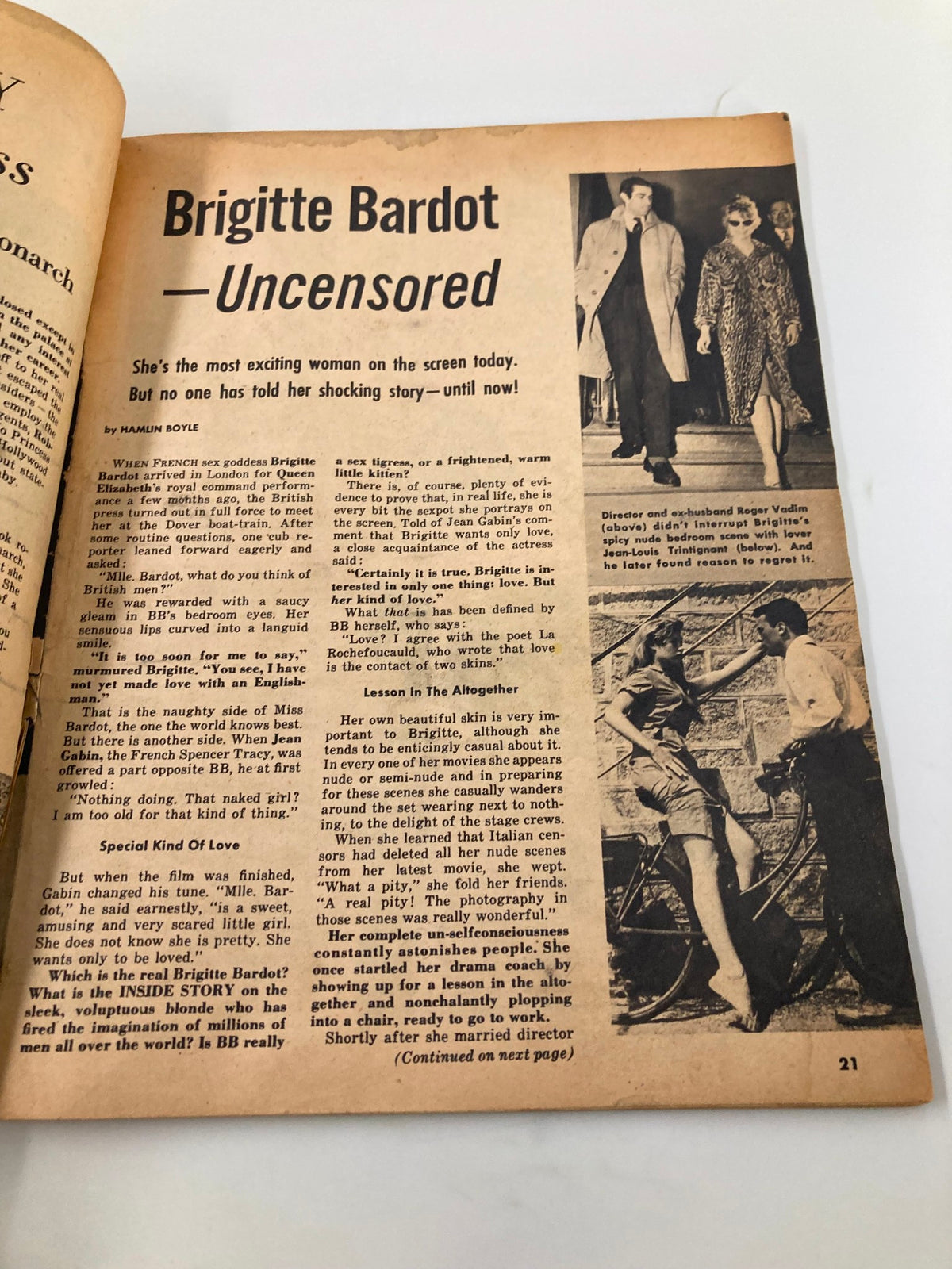 Page from VTG Inside Story Magazine August 1958 featuring an article titled 'Brigitte Bardot - Uncensored' with insights about actress Brigitte Bardot.