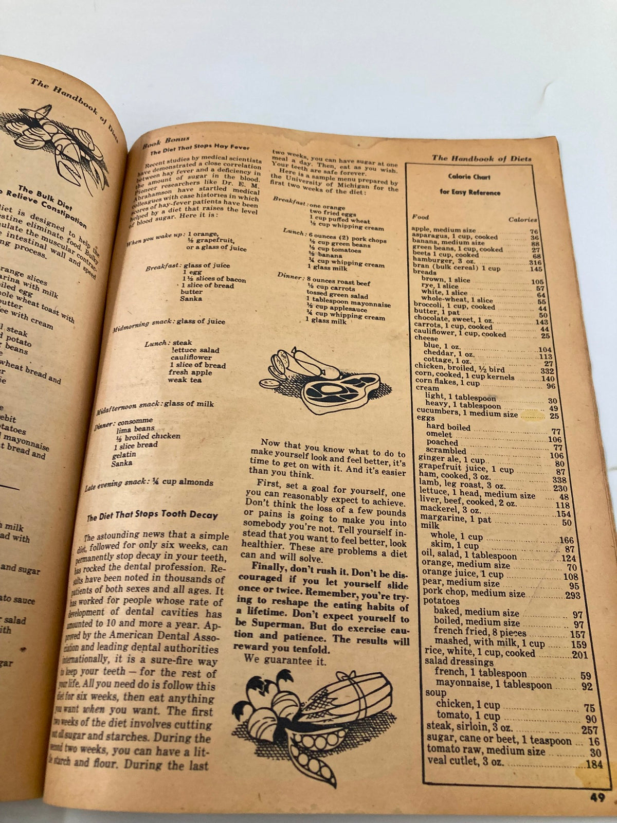 Page from VTG Inside Story Magazine August 1958 showcasing dietary guidelines and a calorie chart with health tips for readers.