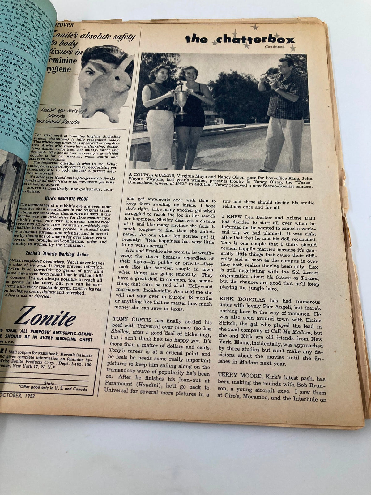 Chatterbox section of Vintage Movie Life Magazine October 1952 discussing various Hollywood stars including Virginia Mayo and Nancy Olson.