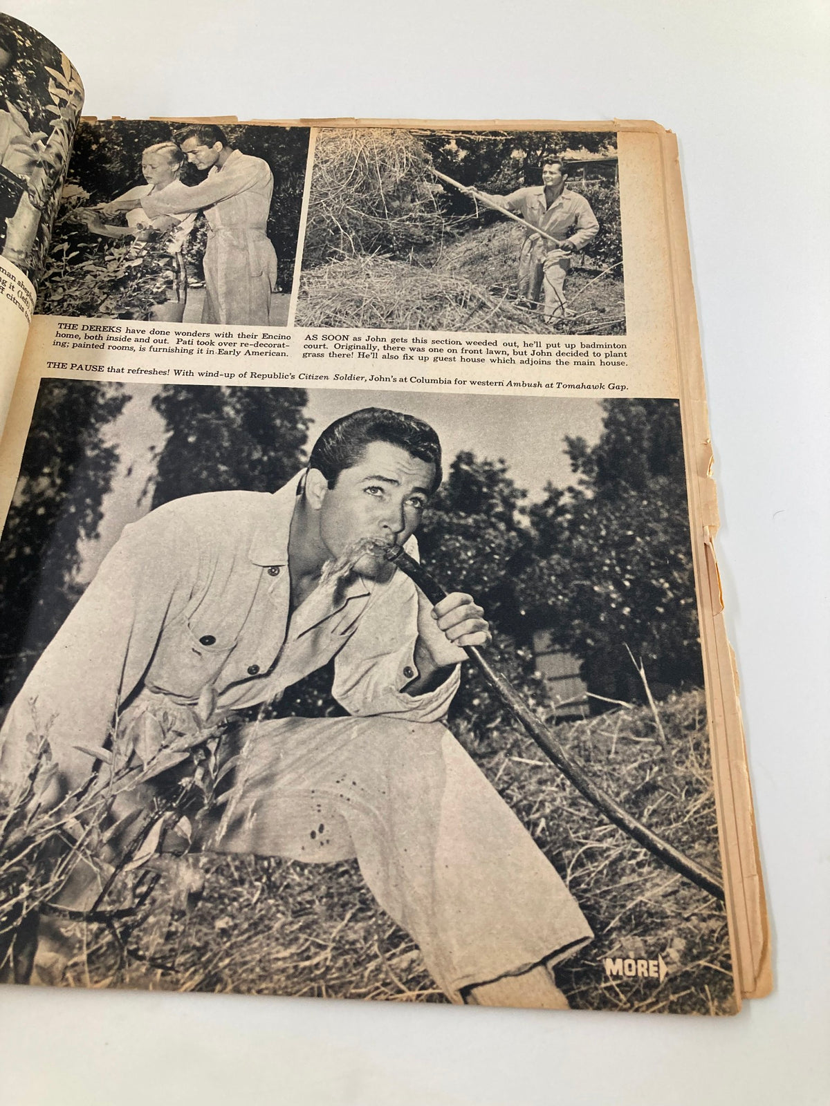 Photo montage in Vintage Movie Life Magazine October 1952 featuring actors engaging in activities outdoors, representing Hollywood lifestyle.