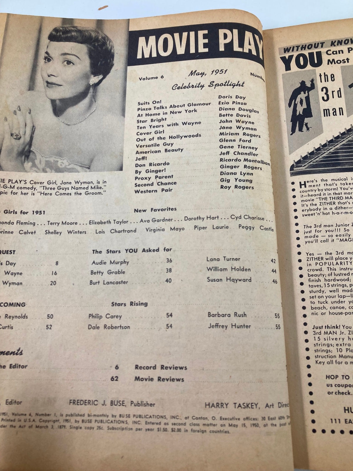 Interior page of the May 1951 Movie Play Magazine highlighting celebrity spotlight features, including Jane Wyman and John Wayne, from the classic Hollywood era.