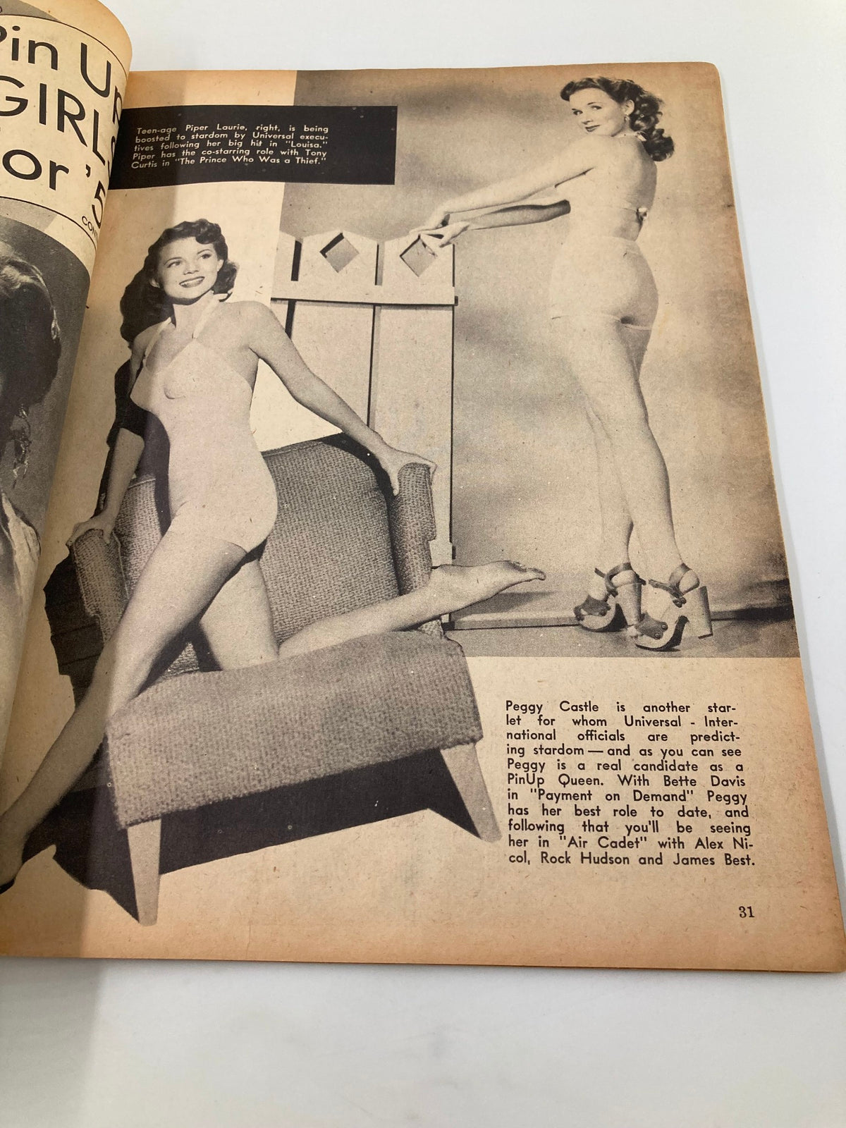 Inside page of VTG Movie Play Magazine May 1951 featuring actress Peggy Castle in a swimsuits-themed photoshoot. The magazine captures the essence of 1950s pin-up culture and Hollywood fashion.