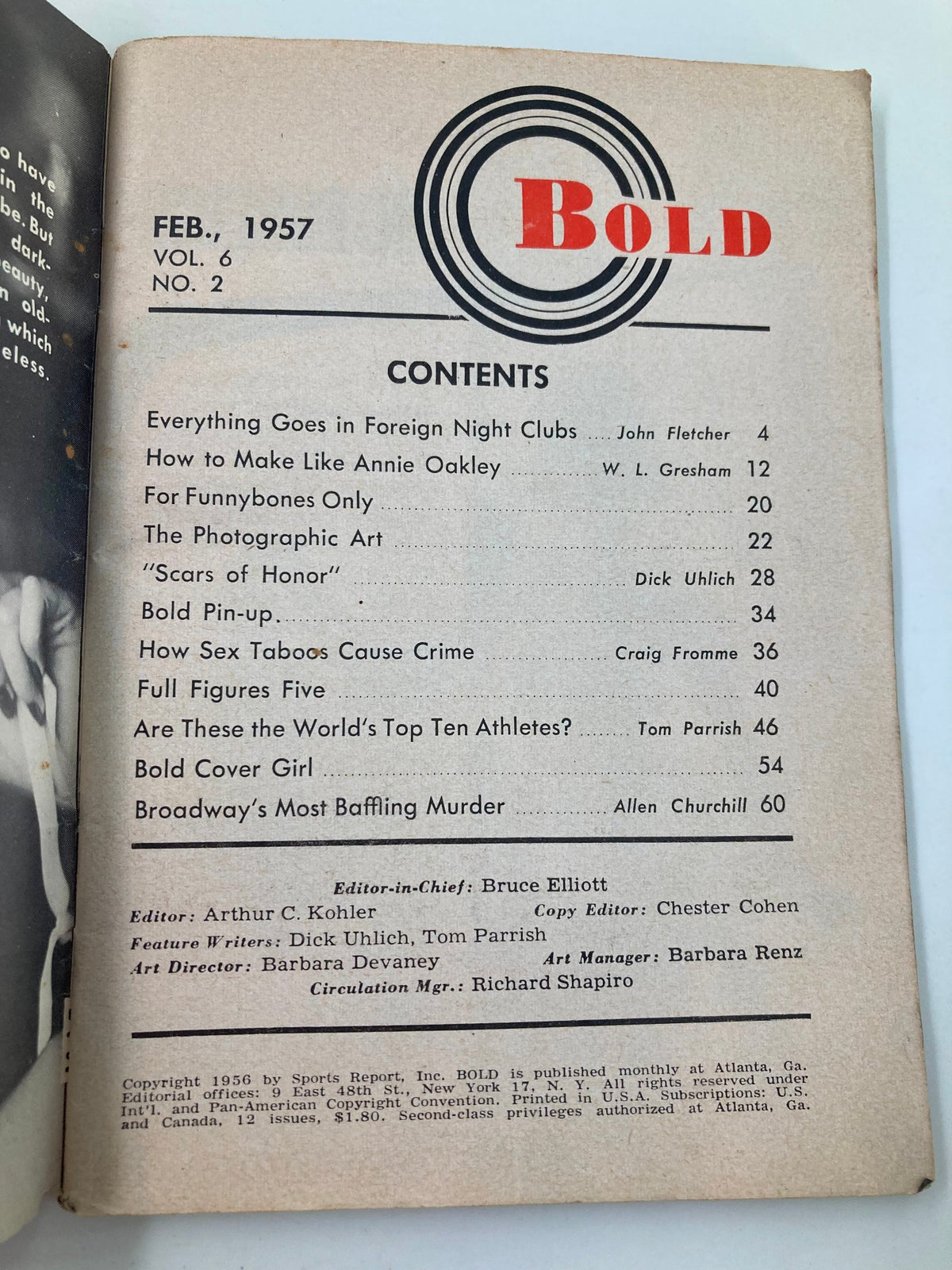 Contents page of VTG Bold Mini Magazine February 1957, listing articles including 'Everything Goes in Foreign Night Clubs' and 'How Sex Taboos Cause Crime'.