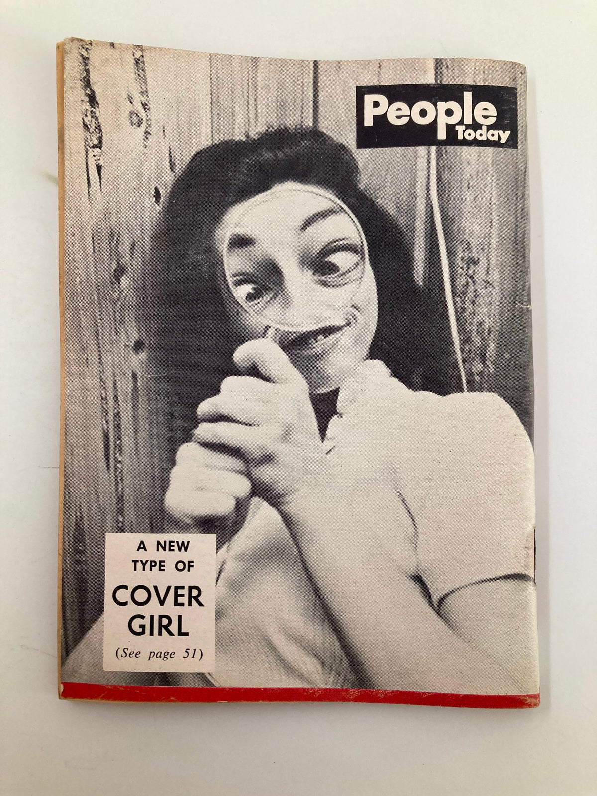 Alternative cover of VTG People Today Mini Magazine March 1960, presenting a playful depiction of a new type of cover girl with a magnifying glass.