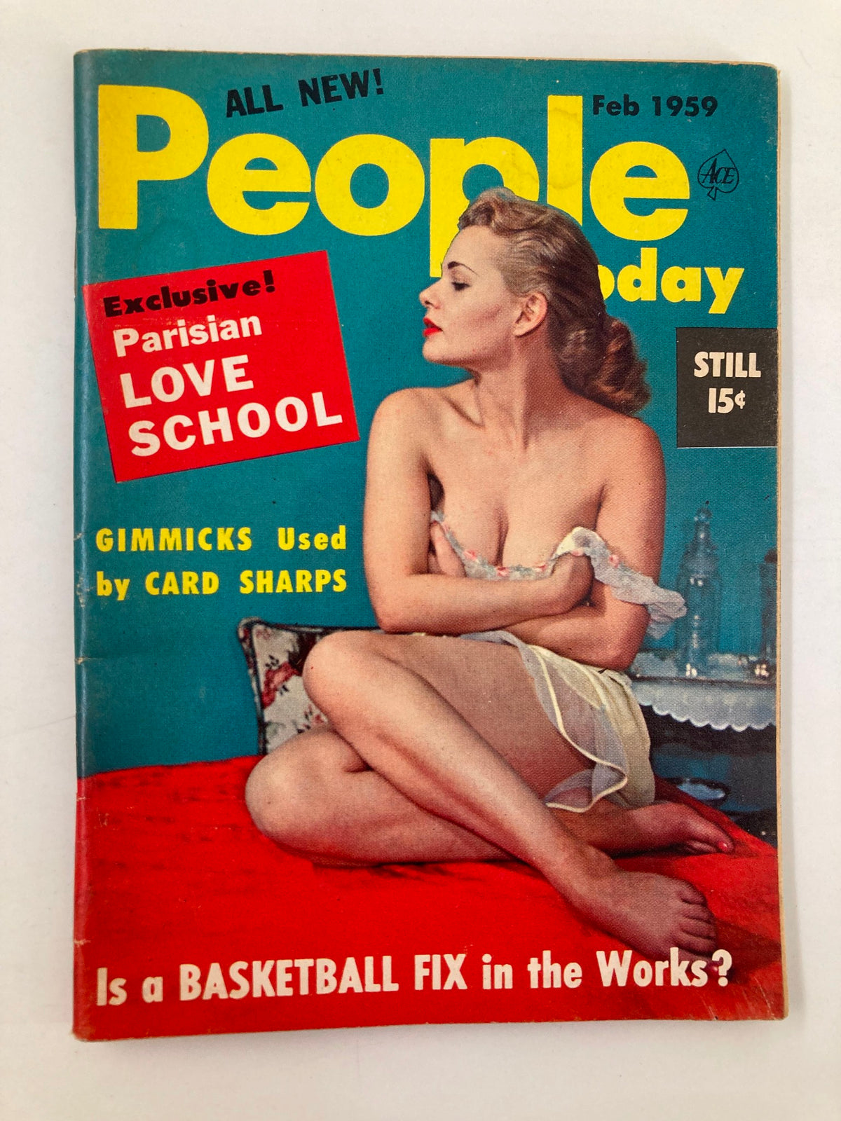 Cover of VTG People Today Mini Magazine February 1959 featuring 'Parisian Love School' with a glamorous model in vintage fashion.