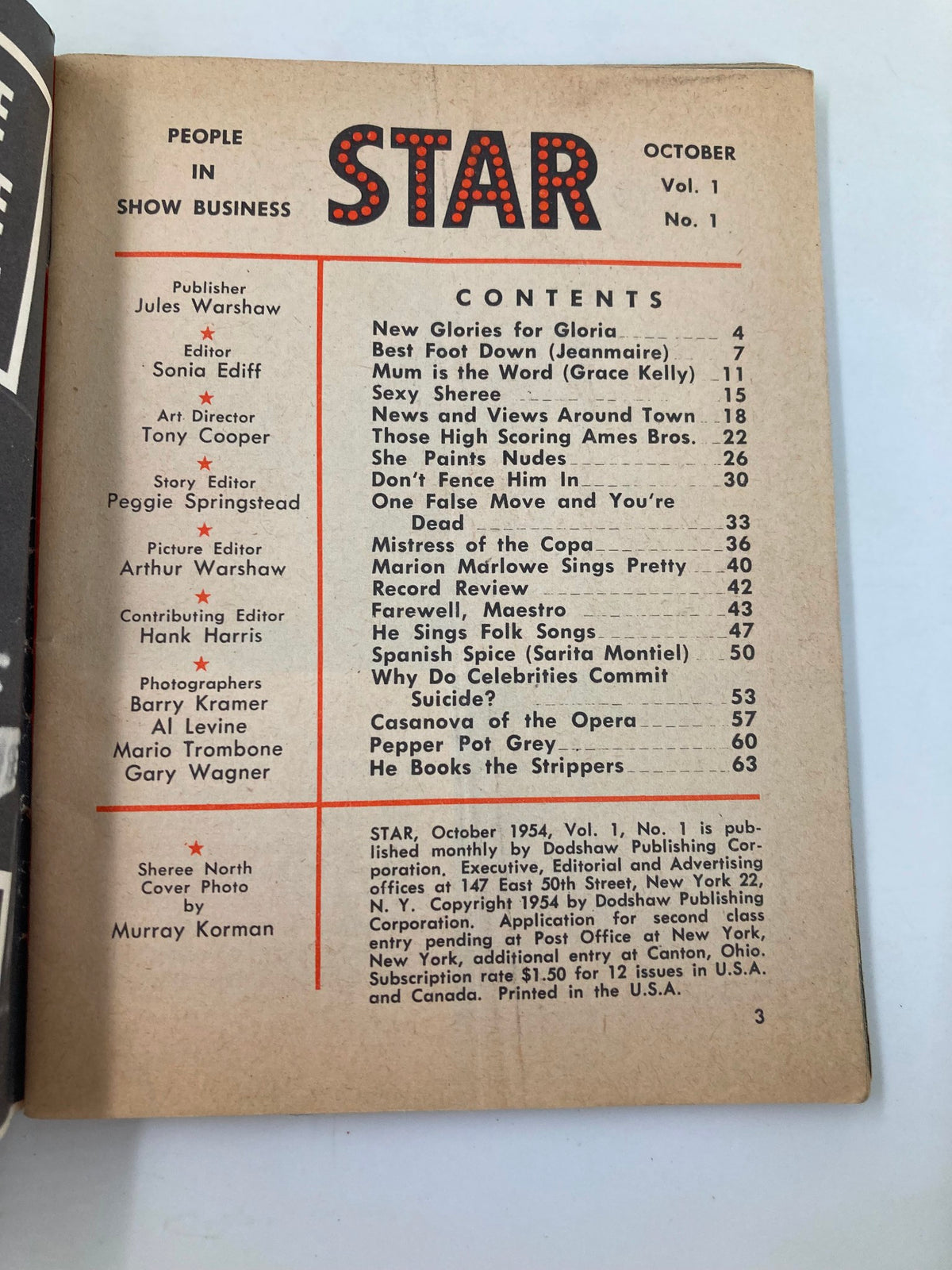 Contents page of Star Tabloid Magazine October 1954 Vol. 1 No. 1, listing articles including 'New Glories for Gloria' and 'Sexy Sheree,' showcasing its vintage pop culture significance.