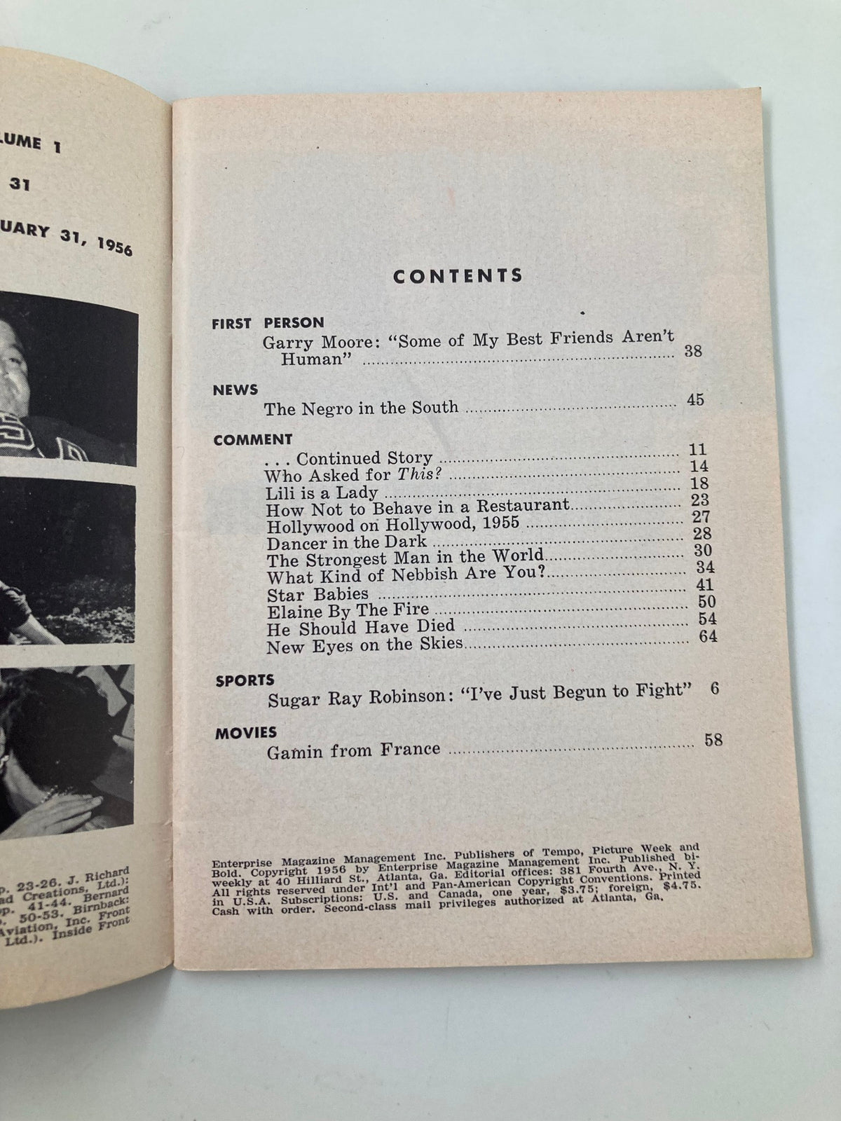 Interior page of VTG Picture Week Magazine dated January 31, 1956, featuring the contents list including an article on Sugar Ray Robinson. A vintage publication for collectors and boxing fans.