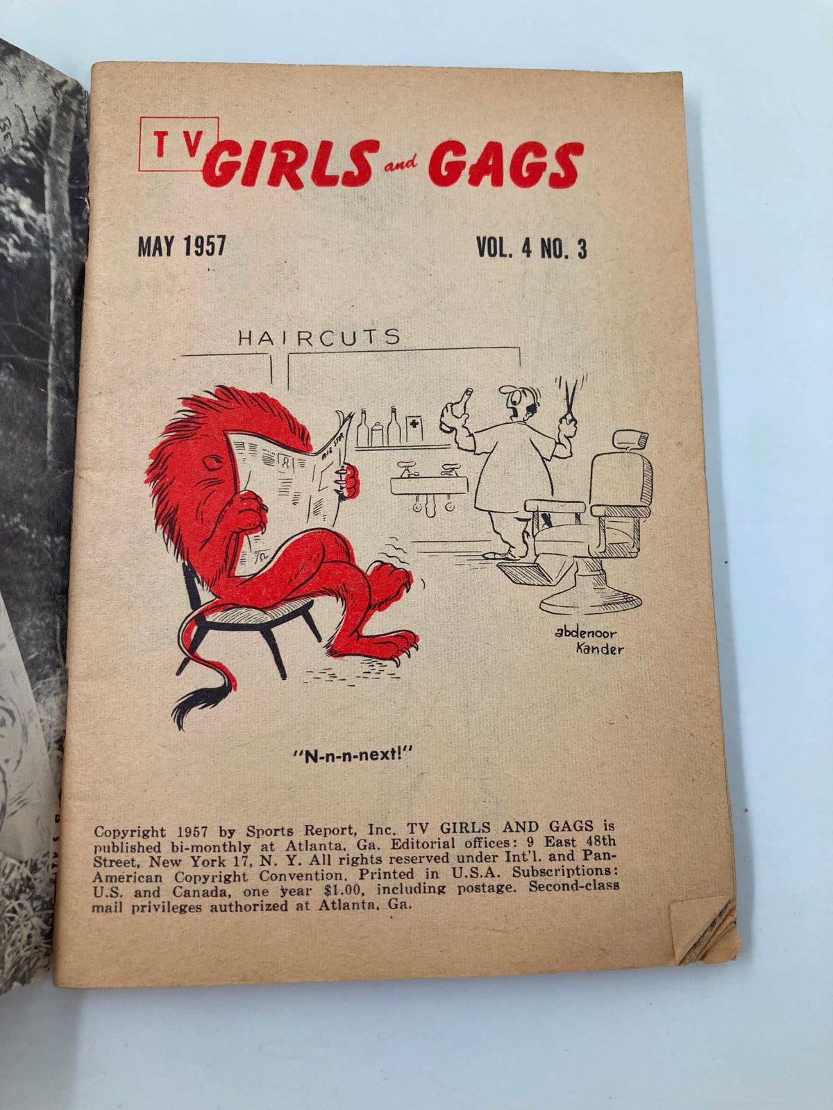 Inside page of VTG TV Girls and Gags Magazine May 1957, illustrating a cartoon of a lion in a barber shop, humorous content related to haircuts.