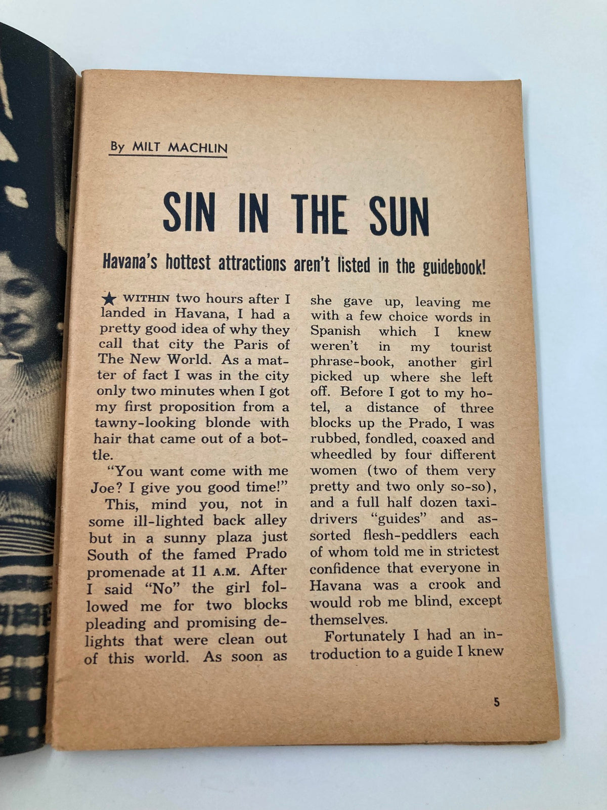Inside page of VTG Show Magazine August 1956 detailing the article 'Sin In The Sun' by Milt Machlin.