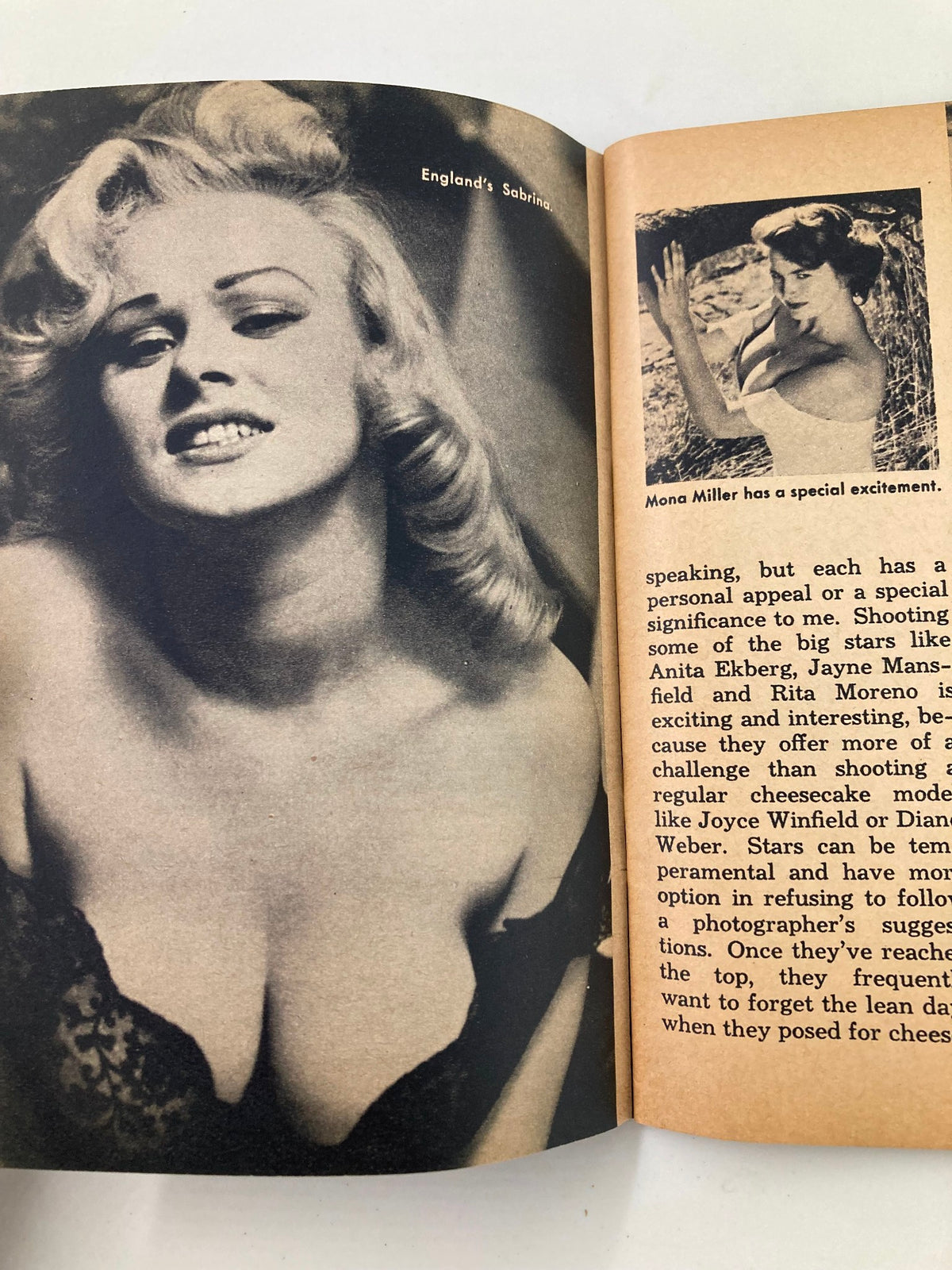 Interior page from VTG Show Magazine October showcasing portrait of Sabrina with a stylish hairstyle, alongside commentary on famous actresses including Anita Ekberg and Mona Miller, encapsulating 1960s cinema.