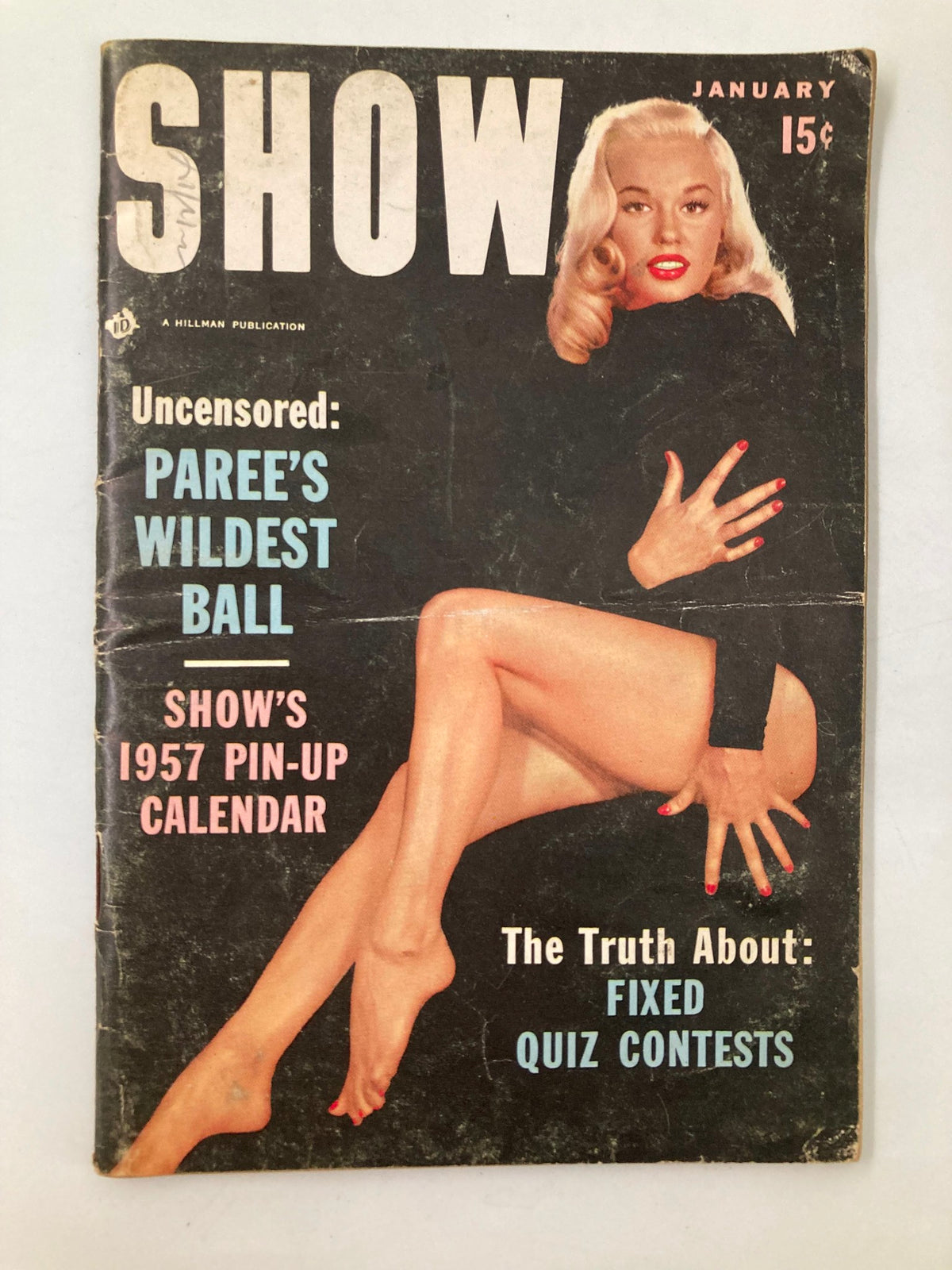 VTG Show Magazine January 1957 cover featuring 'Uncensored Paree's Wildest Ball' with a pin-up model and headlines about quiz contests and a 1957 pin-up calendar.