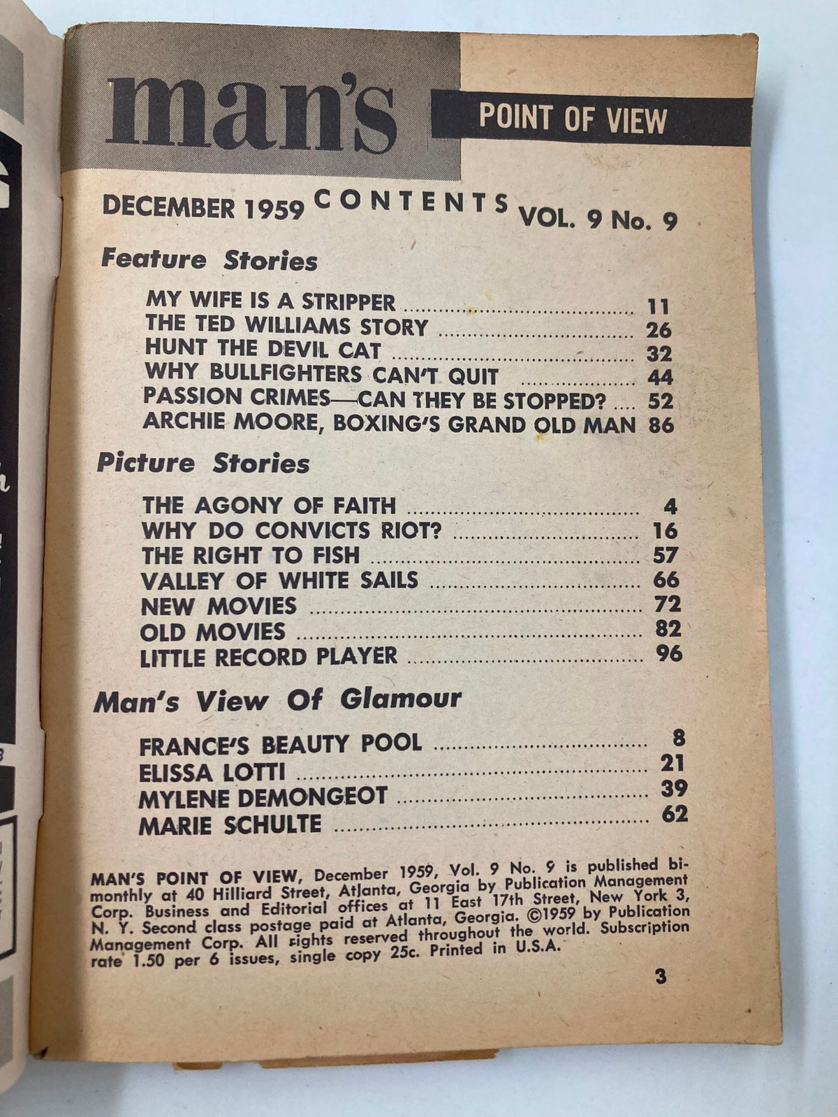 Contents page of VTG Man's Point of View Magazine December 1959 showcasing feature stories including 'My Wife Is A Stripper'.