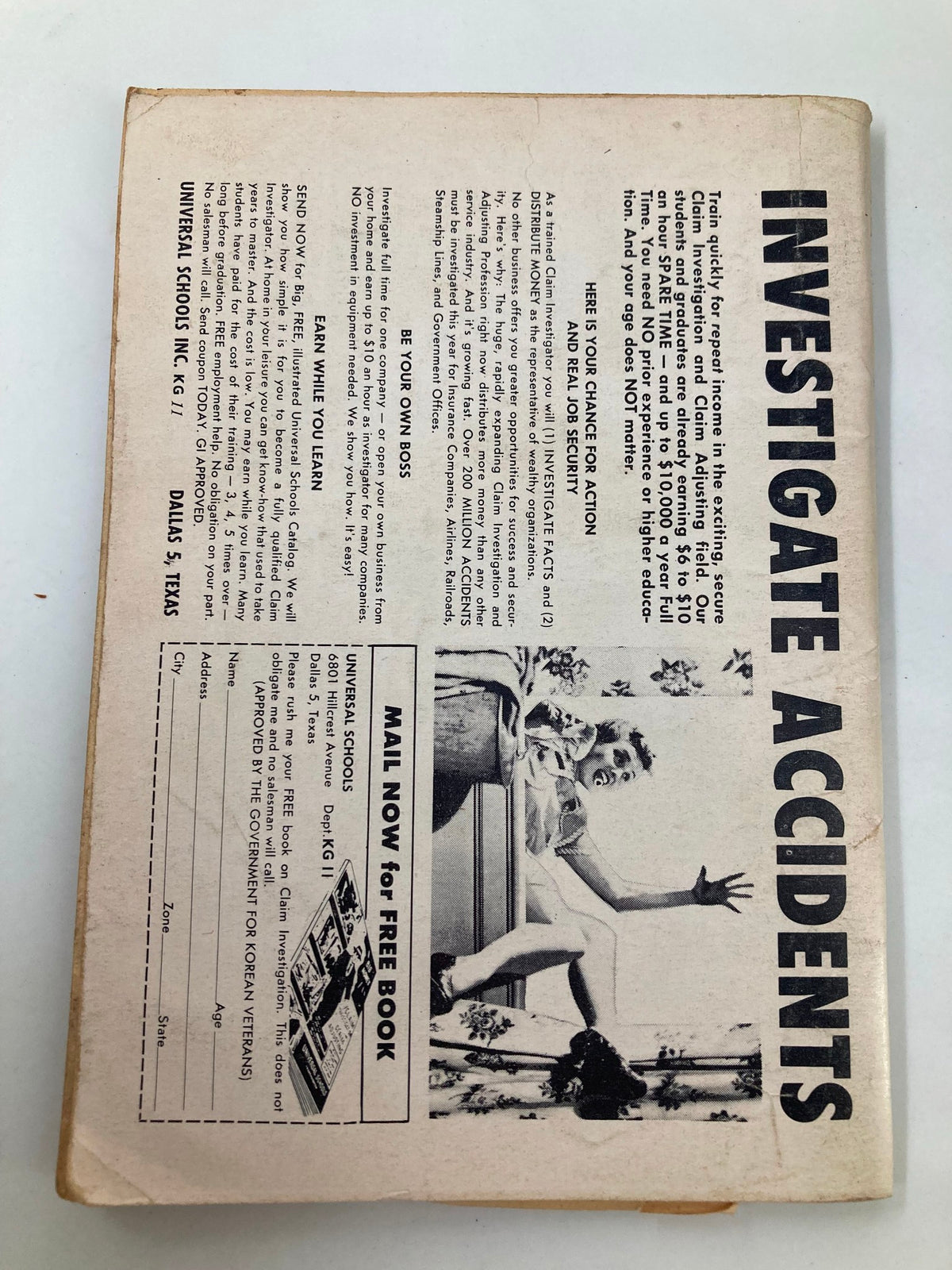 Back cover of VTG Man's Point of View Magazine December 1959 featuring an advertisement for accident investigation services.