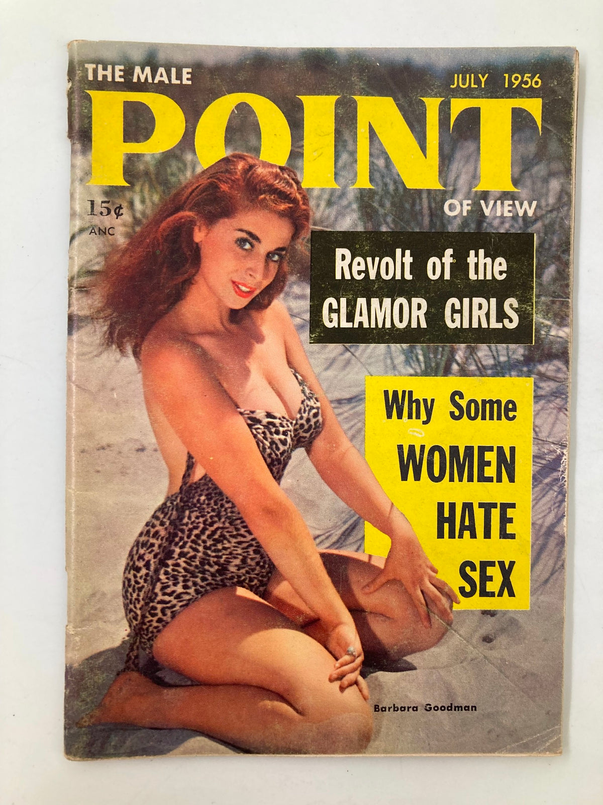 Cover of VTG The Male Point of View Magazine July 1956 featuring model in a leopard print swimsuit and bold headlines on the cover.