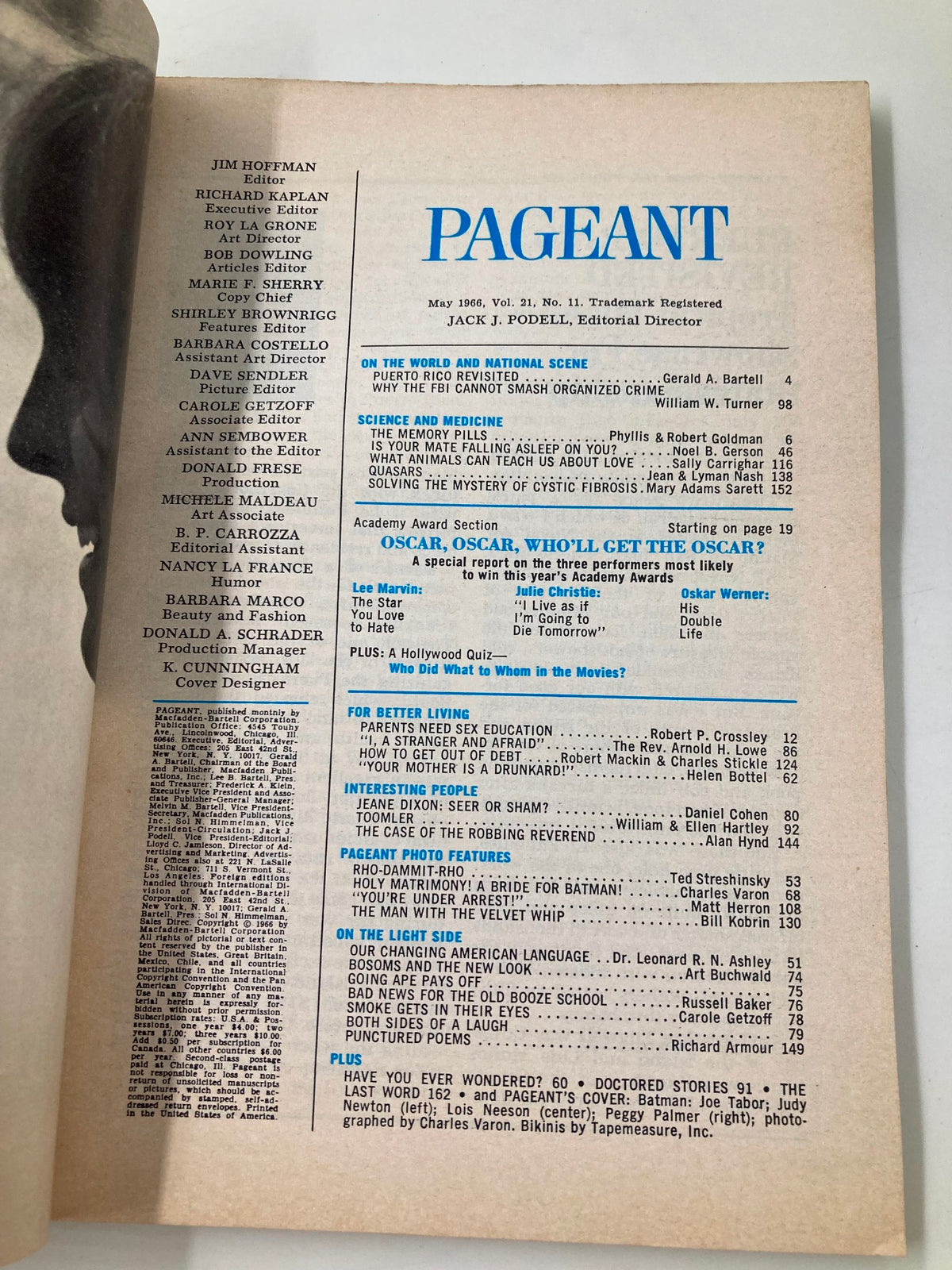 Interior page of VTG Pageant Magazine from May 1966, featuring the editorial team and table of contents. Highlights include articles on societal issues, Academy Award section, and lifestyle topics, under the title 'A Real Cure for Stale Marriages'.