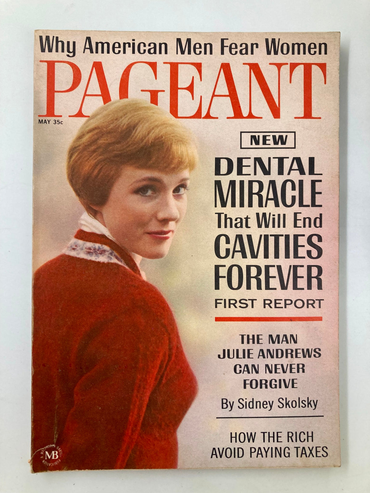 Cover of the VTG Pageant Magazine from May 1965 featuring the headline 'The Man Julie Andrews Can Never Forgive.' The cover includes a striking image of a woman with short hair, dressed in a red sweater, along with additional text discussing dental miracles and financial topics.