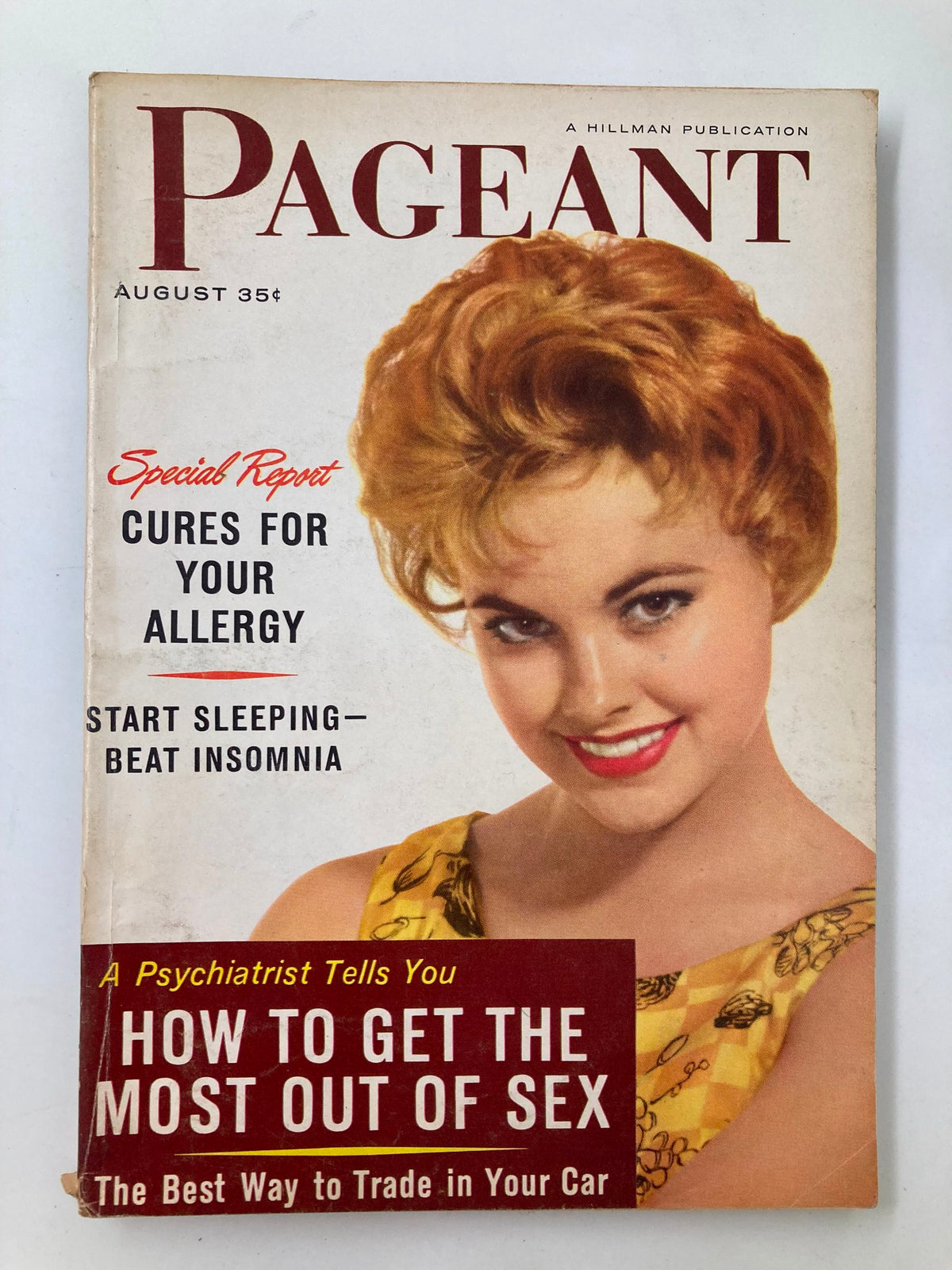 Cover of VTG Pageant Magazine August 1960 featuring a woman with styled hair, highlighting topics such as curing allergies and beating insomnia.