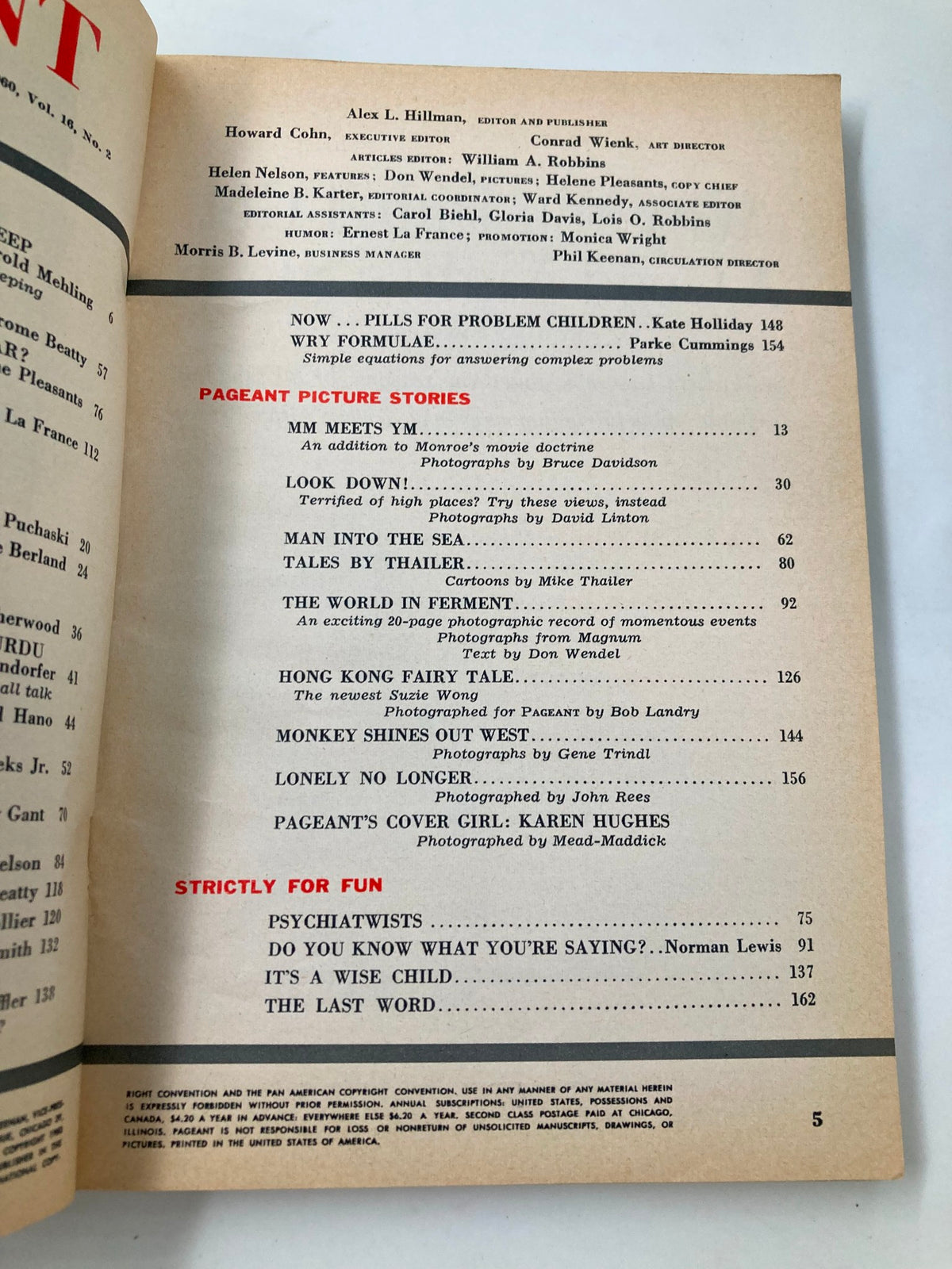 Page of VTG Pageant Magazine August 1960 listing articles and features, emphasizing health and wellness topics related to insomnia.