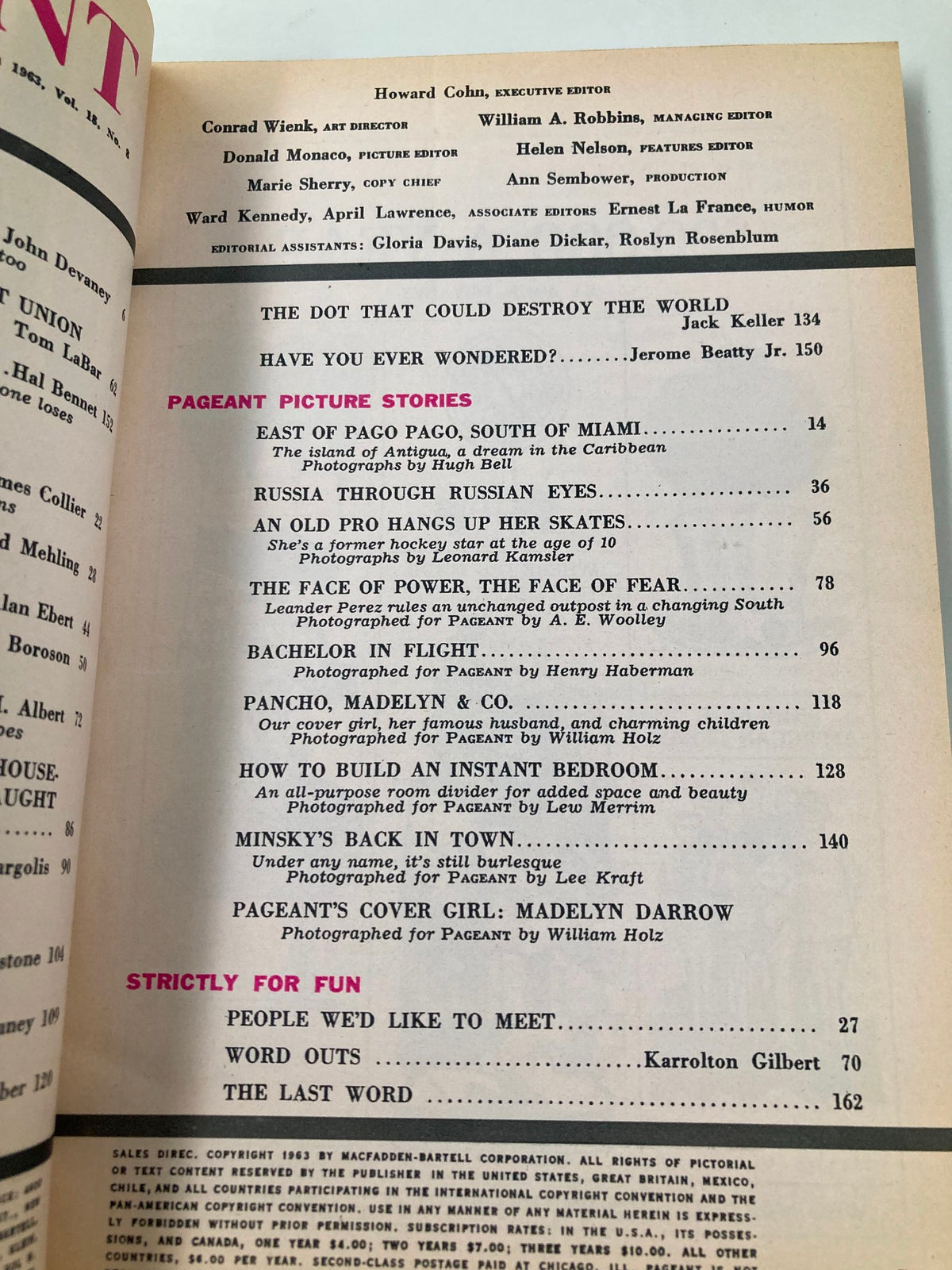 Interior page of the VTG Pageant Magazine March 1963 displaying articles introducing various features and photography from the magazine.