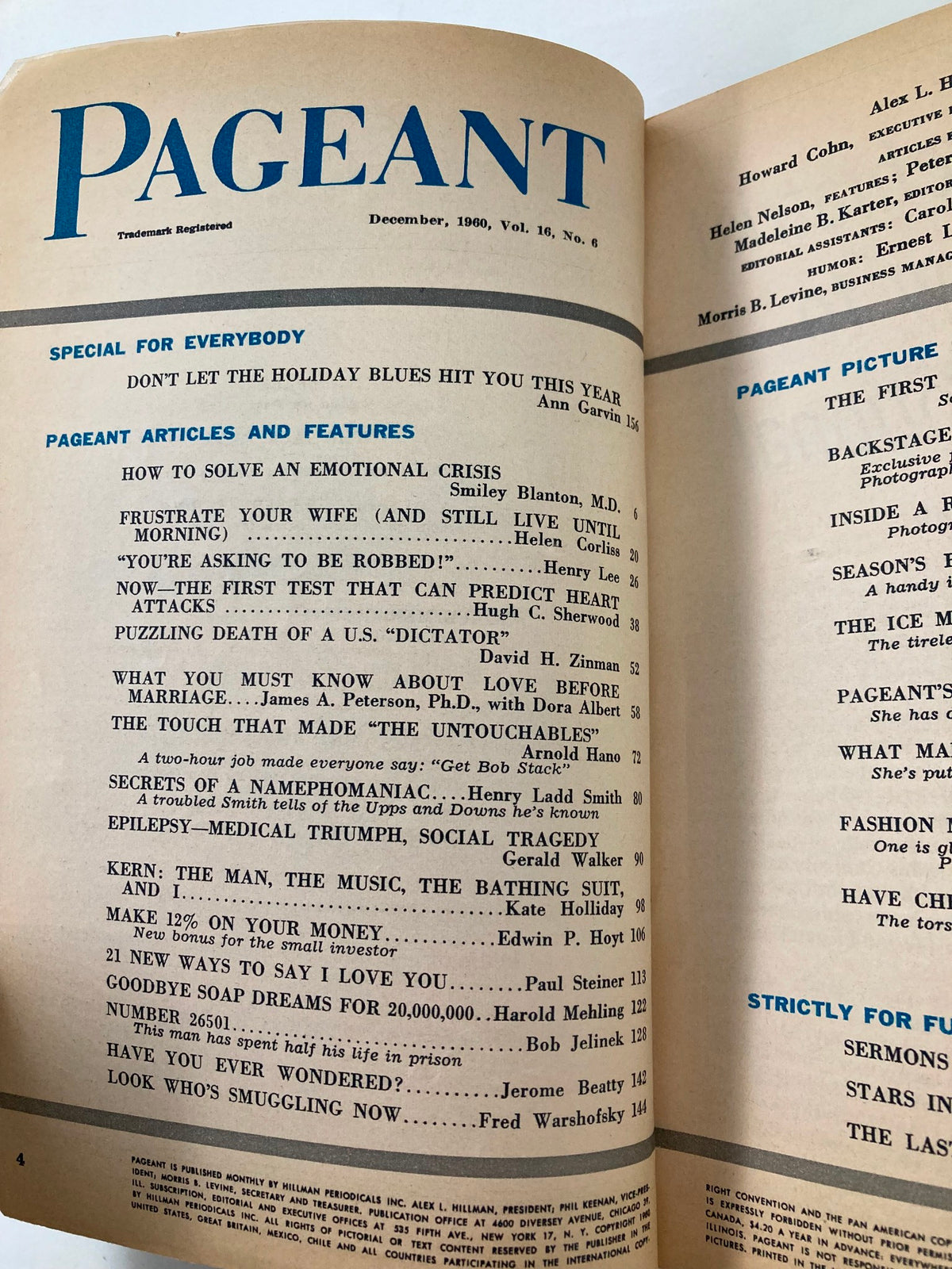 Inside the VTG Pageant Magazine December 1960 showcasing table of contents with articles including emotional crises and holiday tips, along with the magazine's branding.