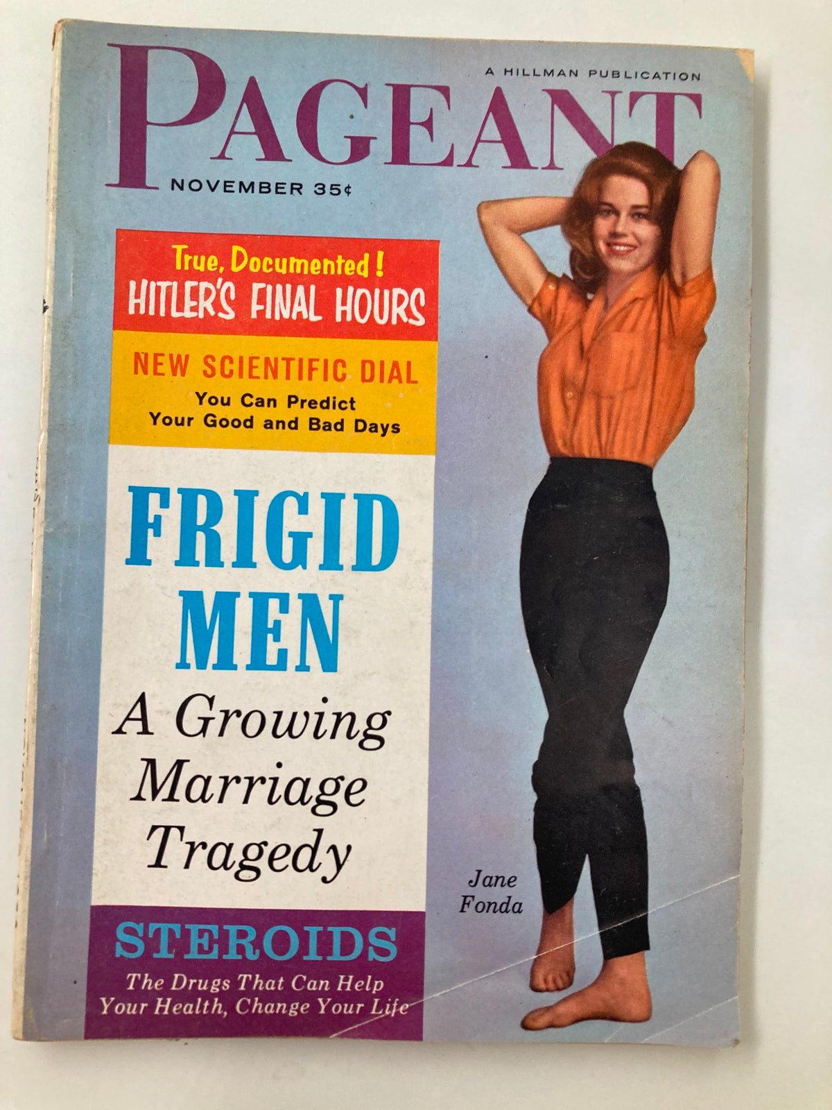 VTG Pageant Magazine November 1960 cover featuring Jane Fonda in a stylish orange top and black pants, with headlines about marriage tragedy and health insights.