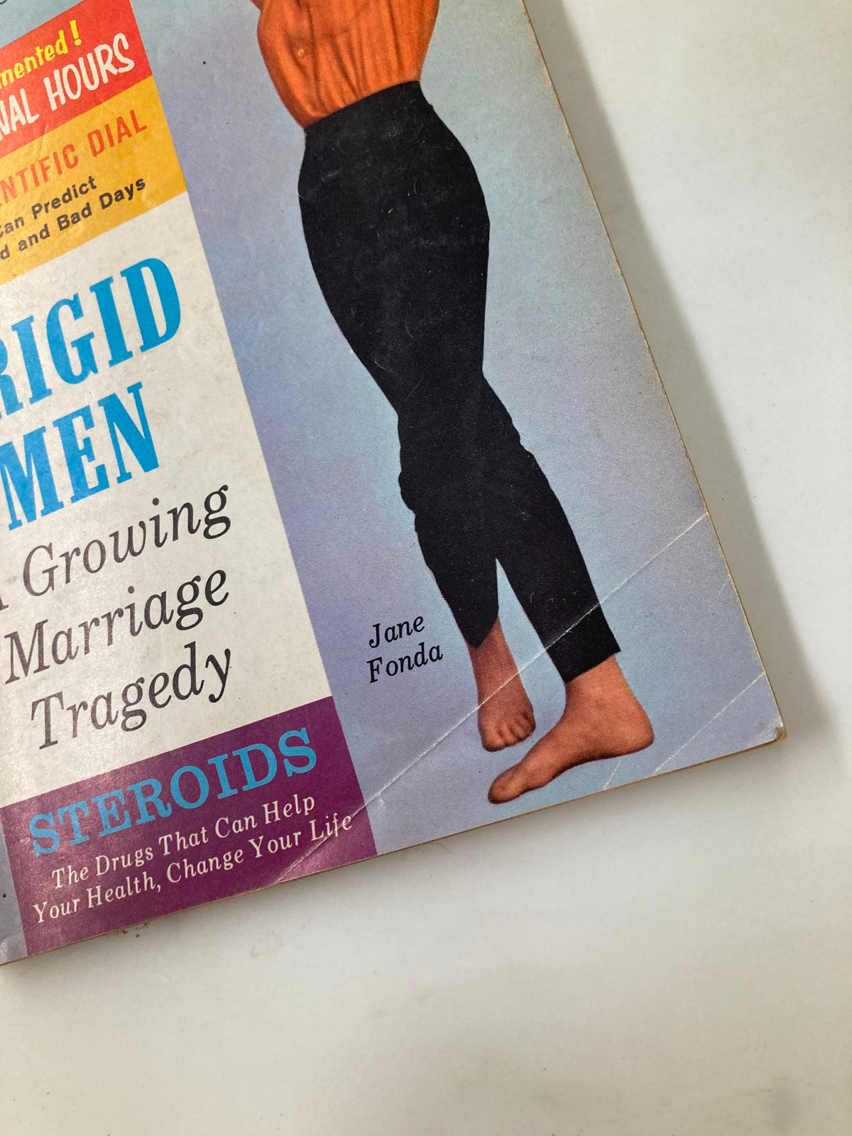 Close-up view of the VTG Pageant Magazine November 1960 cover showcasing Jane Fonda, highlighting headlines on frigid men, steroids, and health predictions.