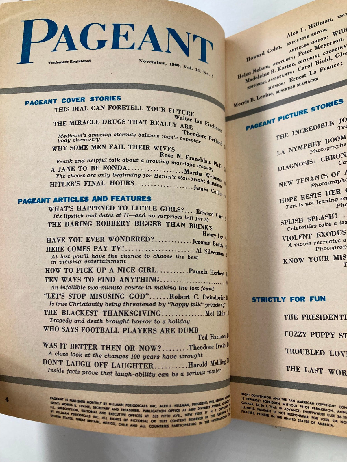 Interior page of VTG Pageant Magazine November 1960 showcasing cover stories and articles including topics on marriage, television, and family topics.
