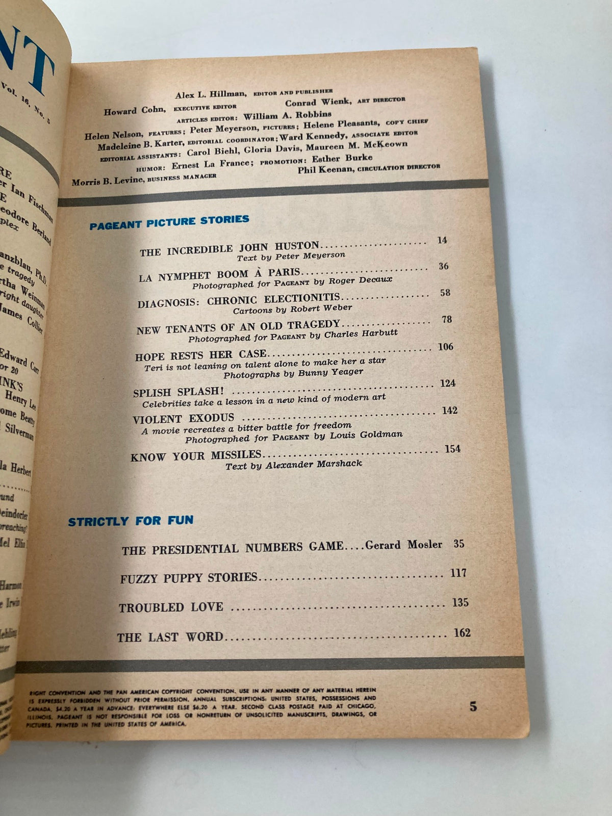Interior page of VTG Pageant Magazine November 1960 featuring the table of contents with listed articles and contributors, highlighting vintage magazine charm.