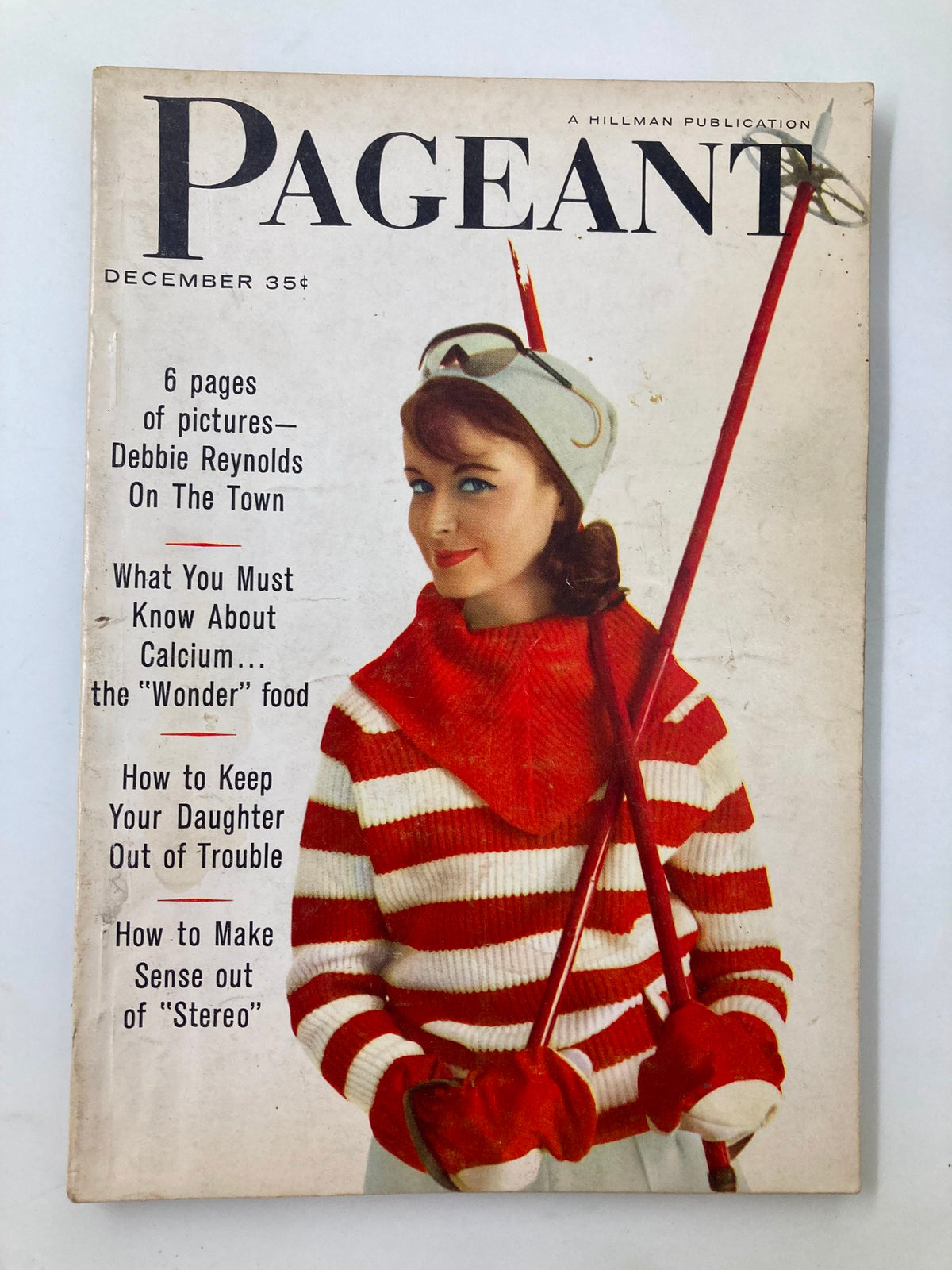 Cover of VTG Pageant Magazine December 1959 featuring a young woman in a striped red and white sweater holding ski poles, highlighting features like Debbie Reynolds, calcium benefits, and parenting tips.