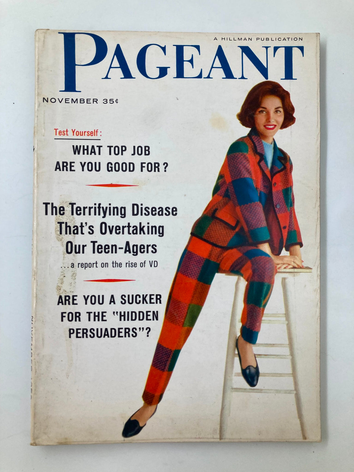 Cover of VTG Pageant Magazine November 1959 featuring a woman in a colorful checkered suit, with articles on shopping, consumerism, and trendy topics.
