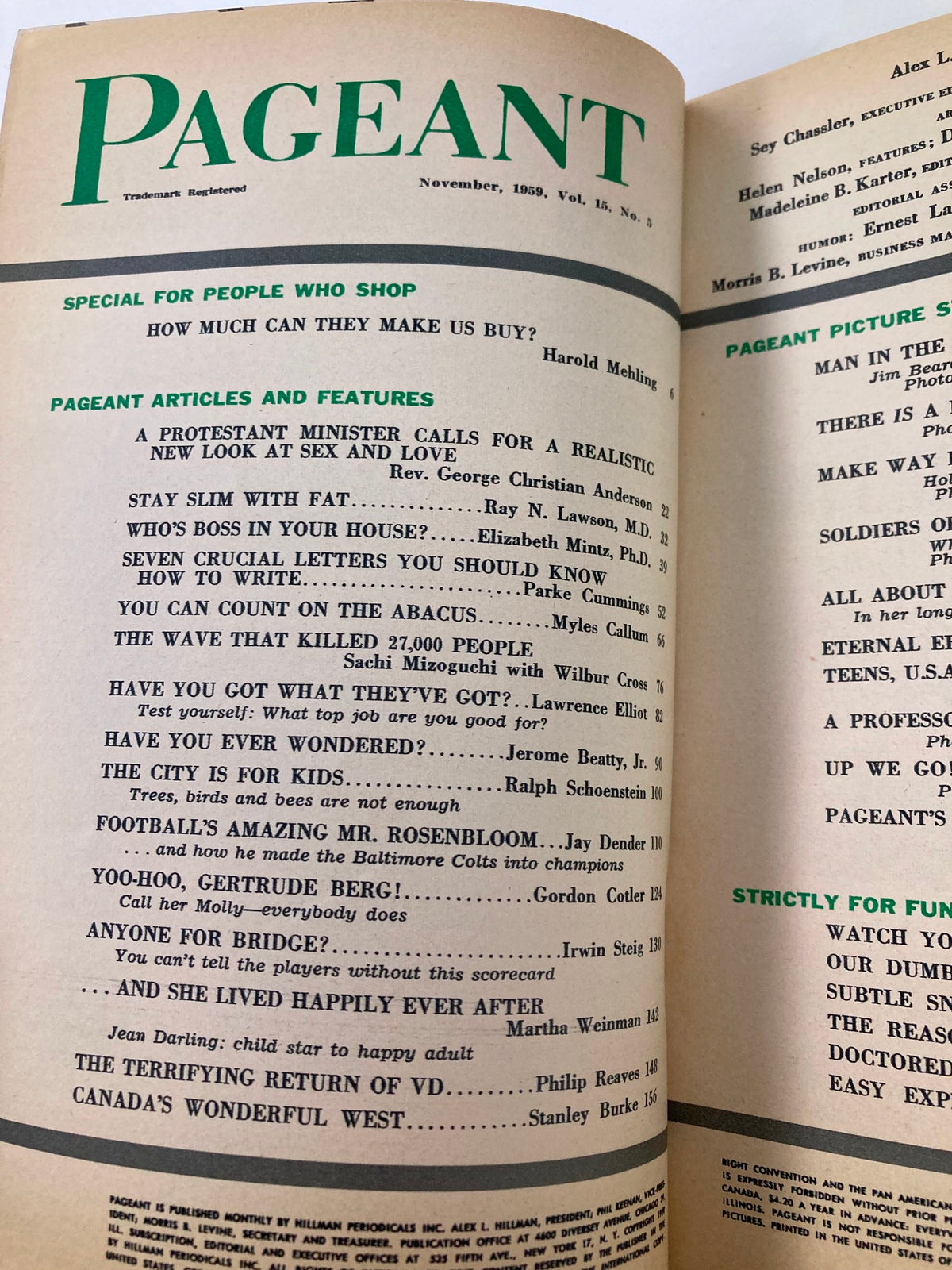 Interior page of VTG Pageant Magazine from November 1959 showcasing the index with featured articles, highlighting consumer behaviors and marketing insights.