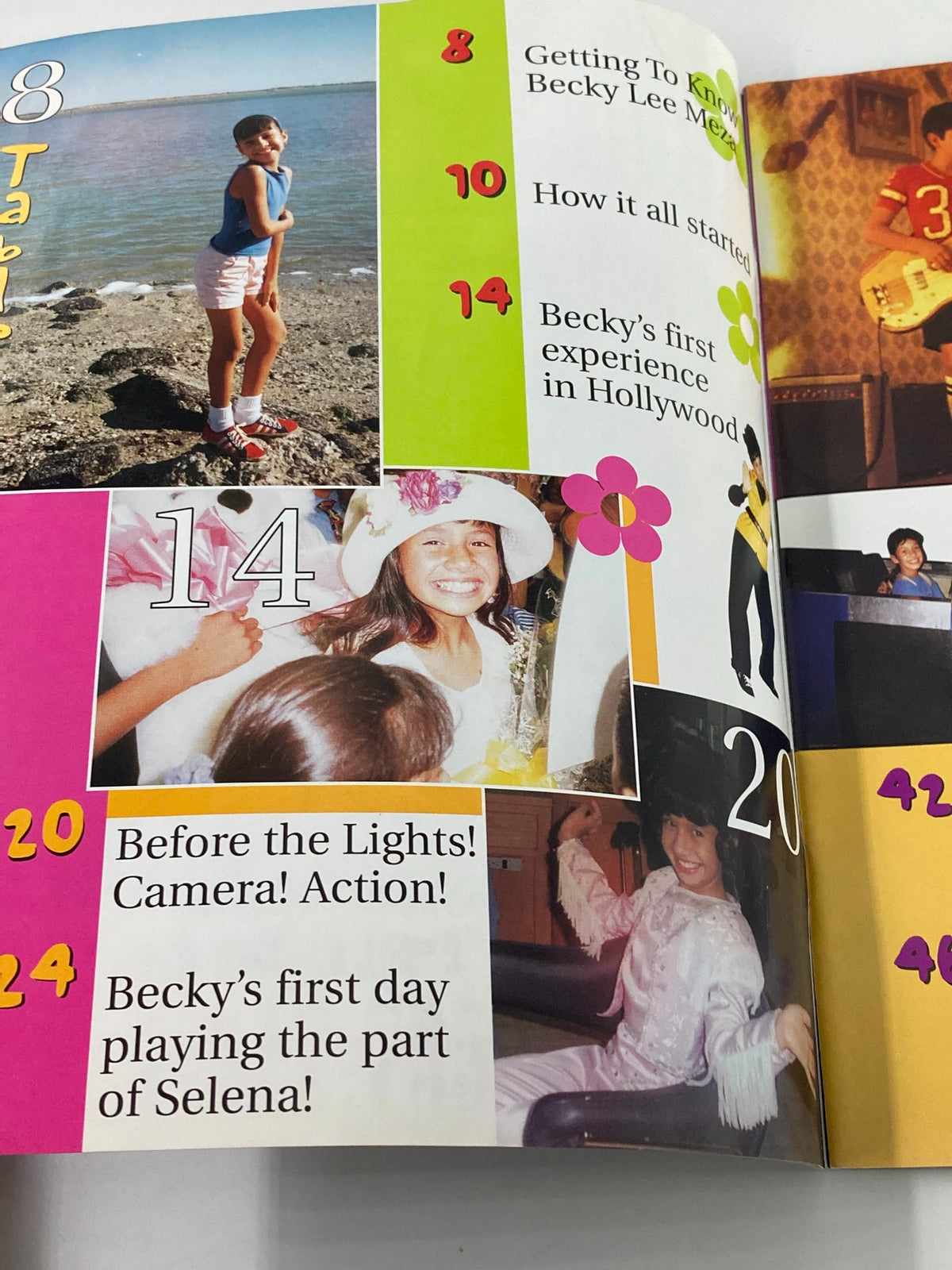 Inside page of the 1997 Selena Movie Special Movie Showcase Series showcasing Becky Lee Meza with sections titled 'Getting To Know Becky Lee Meza' and snippets about her first experience in Hollywood.