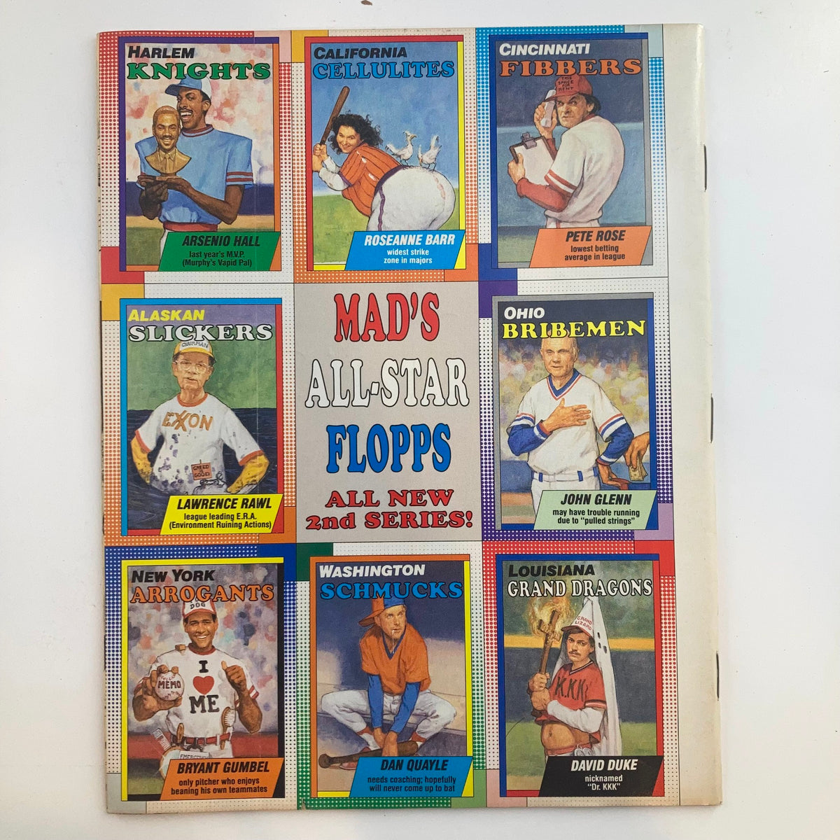 Cover image of Mad Magazine July 1990 No. 296 showcasing Mad's All-Star Flopps, a parody of baseball trading cards, with humorous illustrations of fictional characters.