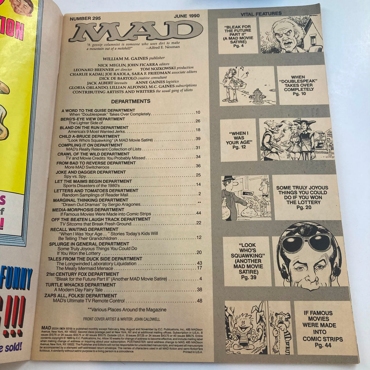 Mad Magazine June 1990 Table of Contents featuring humor sections and articles including features on Back To The Future II, vintage magazine details, and contributing artists, No. 295.
