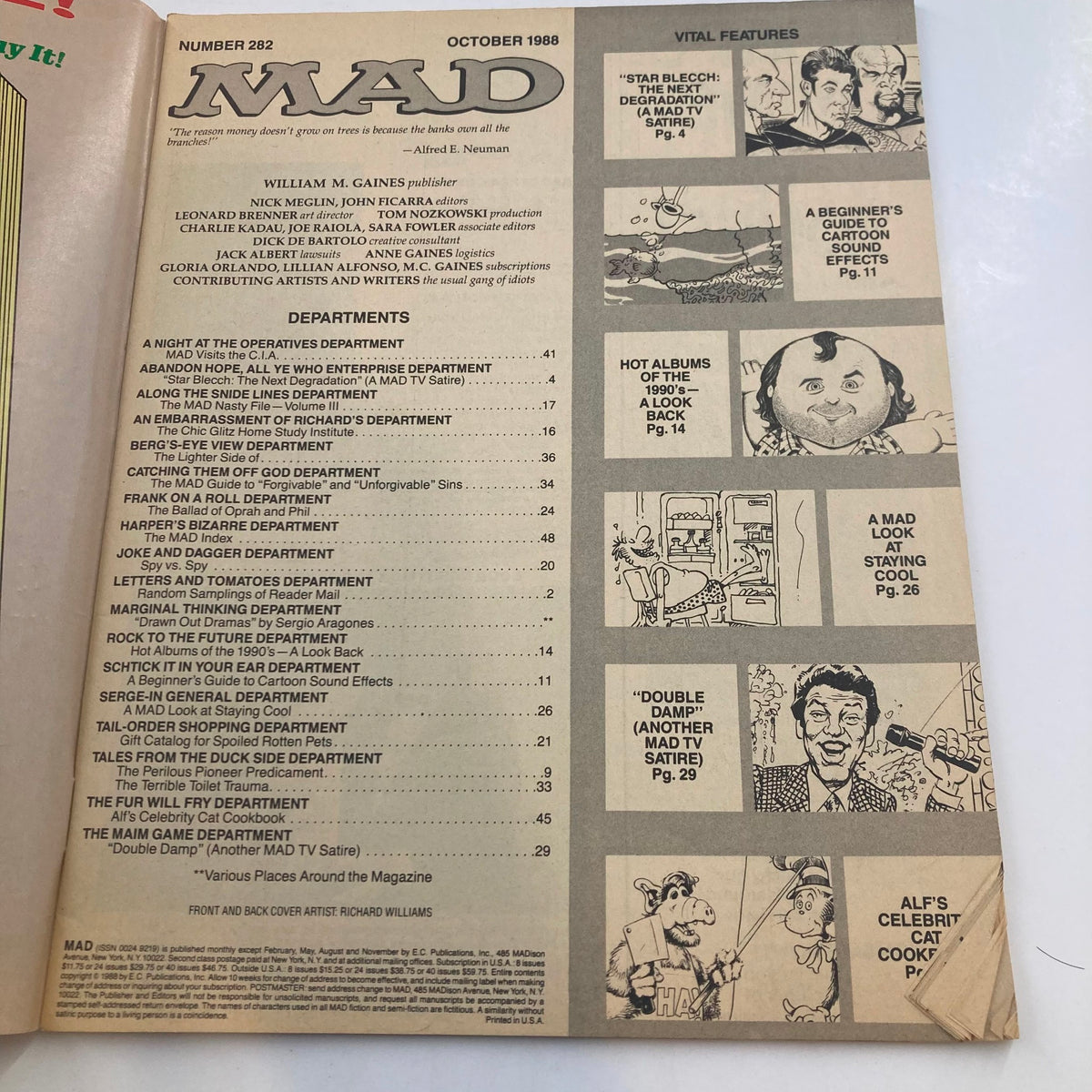 The content page of Mad Magazine October 1988 No. 282 featuring the iconic Alfred E. Neuman. This vintage magazine includes humorous satirical departments, showcasing the essence of late '80s pop culture.