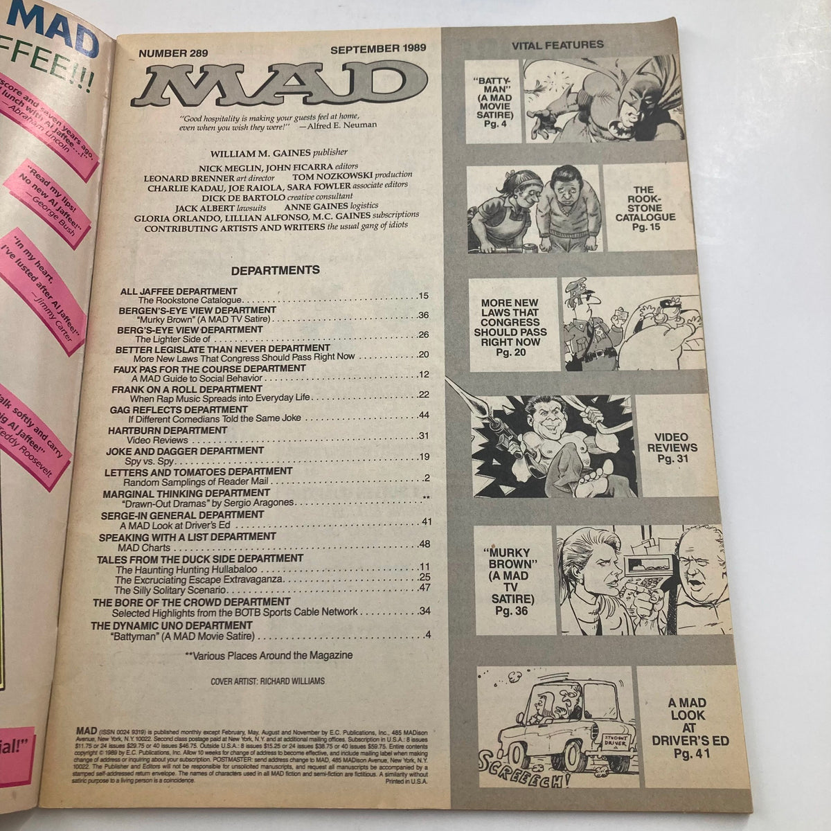 Inside page of Mad Magazine September 1989 No. 289, showcasing the contents list and departments of this iconic issue. Highlights include humor from the late 1980s.