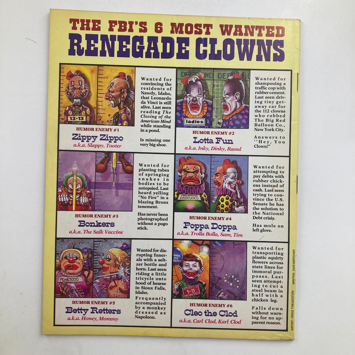 Back cover of Mad Magazine September 1989 No. 289, displaying a humorous feature on 'The FBI's 6 Most Wanted Renegade Clowns,' representing the magazine's quirky style.